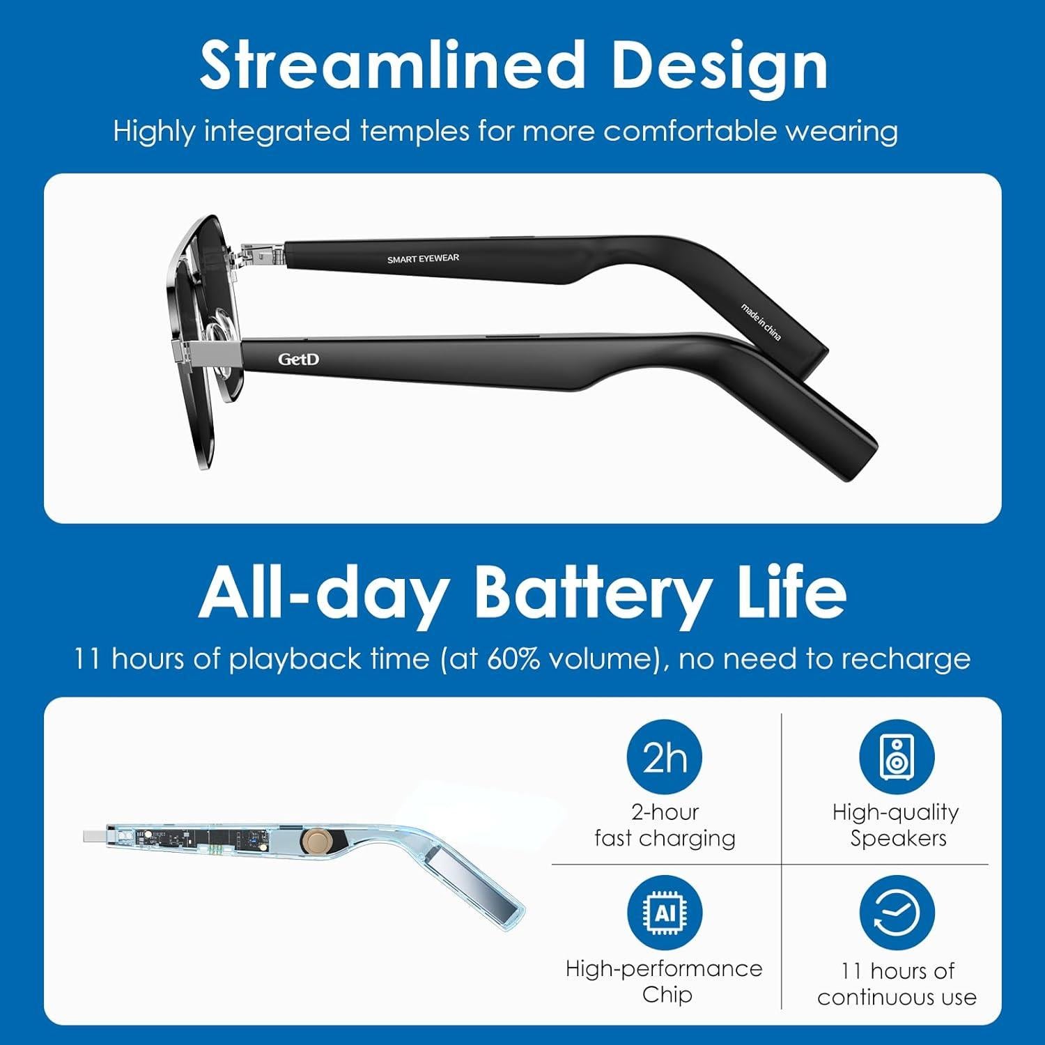 Gafas Inteligentes GetD Polarizadas Gris Oscuro con Bluetooth