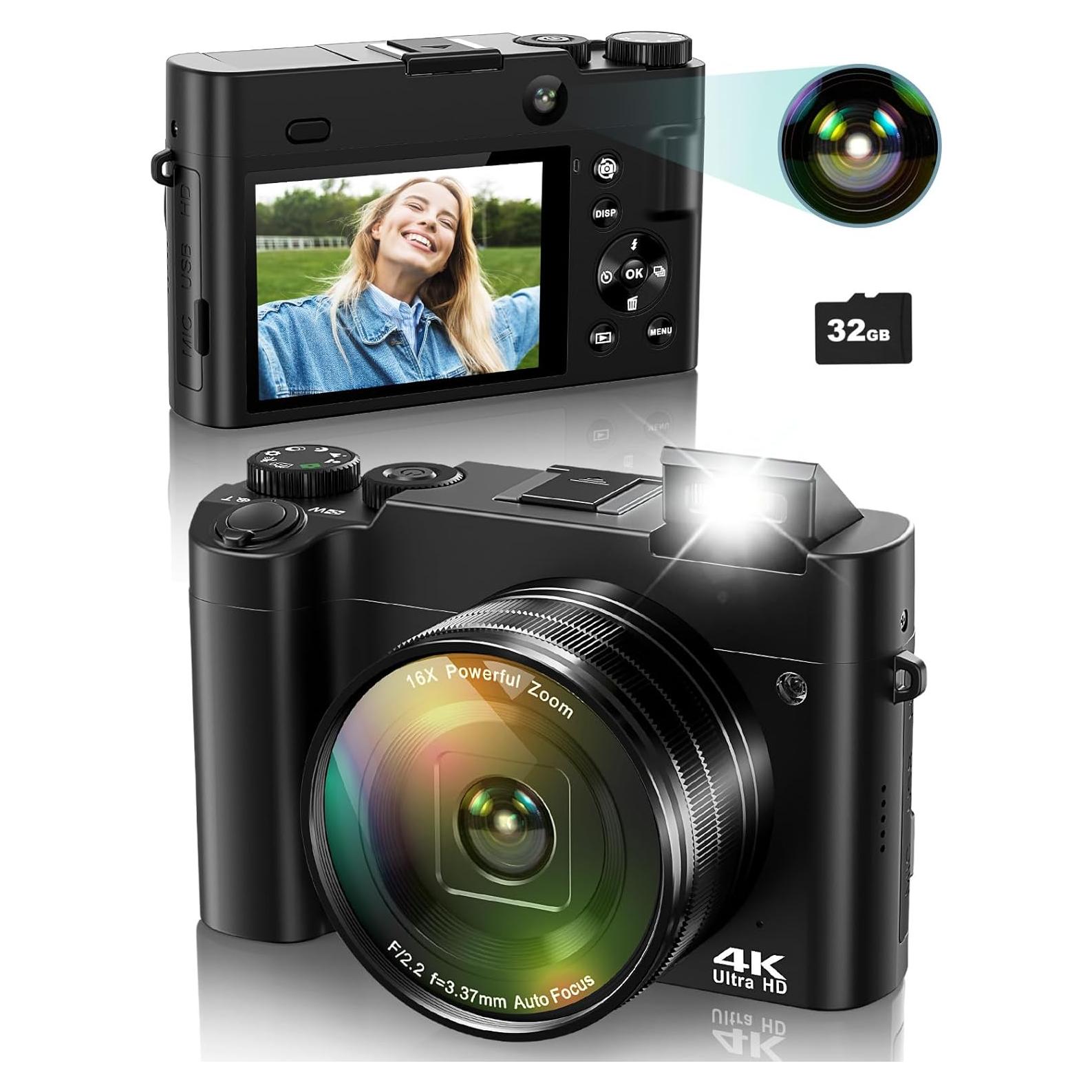 4K Digital Camera for Photography, 64MP Autofocus Vlogging Camera for YouTube with Selfie Lens, Compact Travel Video Camera with Flash, 16X Zoom, Anti-Shake, 32GB Card, 2 Batteries(Black)