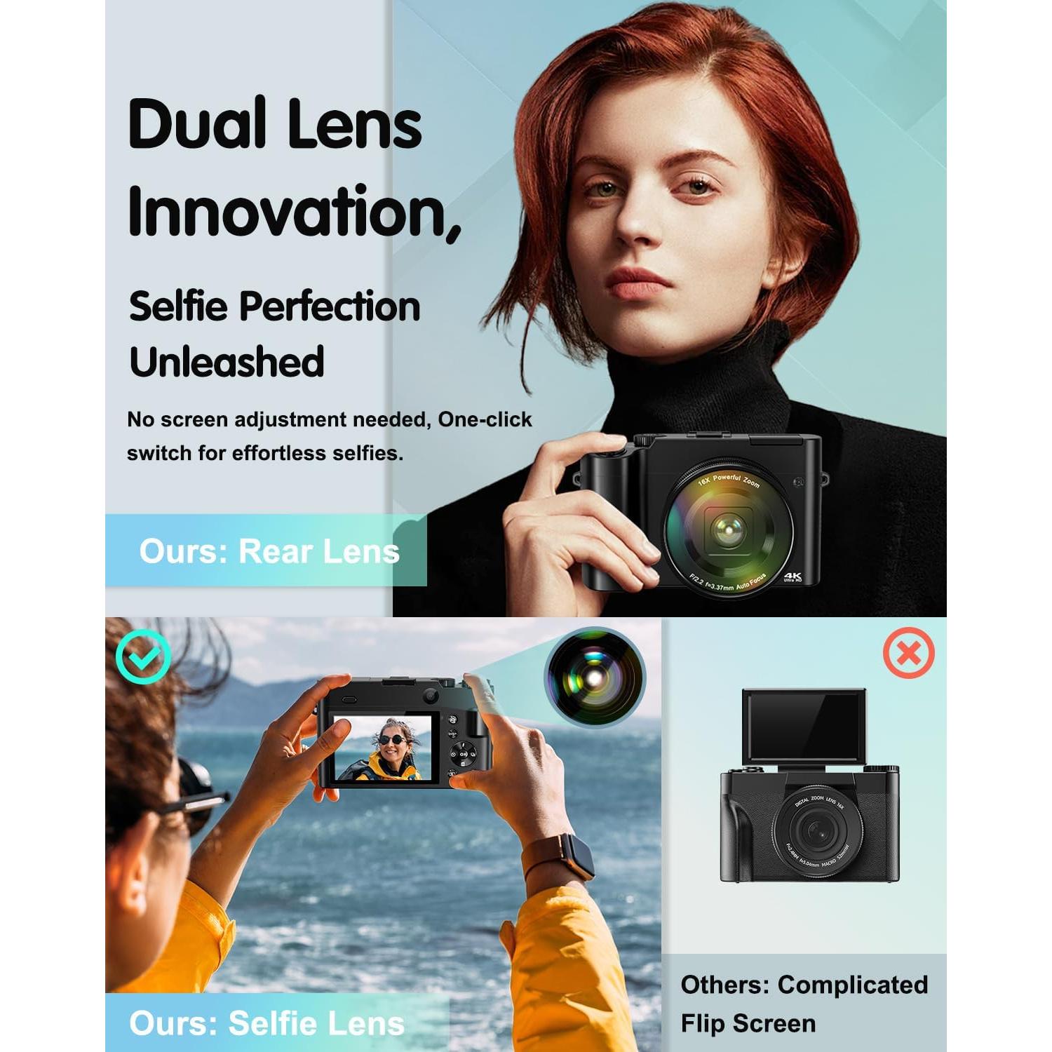 4K Digital Camera for Photography, 64MP Autofocus Vlogging Camera for YouTube with Selfie Lens, Compact Travel Video Camera with Flash, 16X Zoom, Anti-Shake, 32GB Card, 2 Batteries(Black)