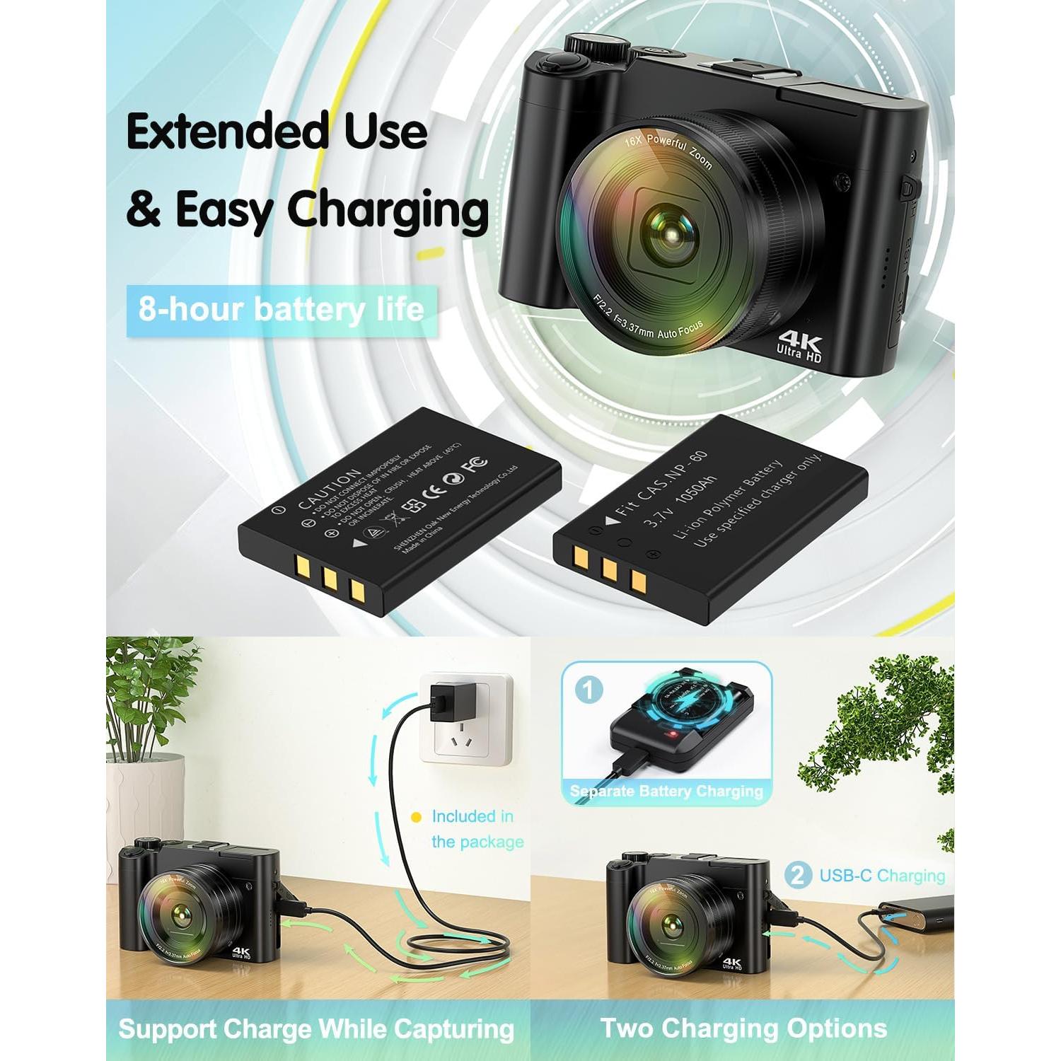 4K Digital Camera for Photography, 64MP Autofocus Vlogging Camera for YouTube with Selfie Lens, Compact Travel Video Camera with Flash, 16X Zoom, Anti-Shake, 32GB Card, 2 Batteries(Black)