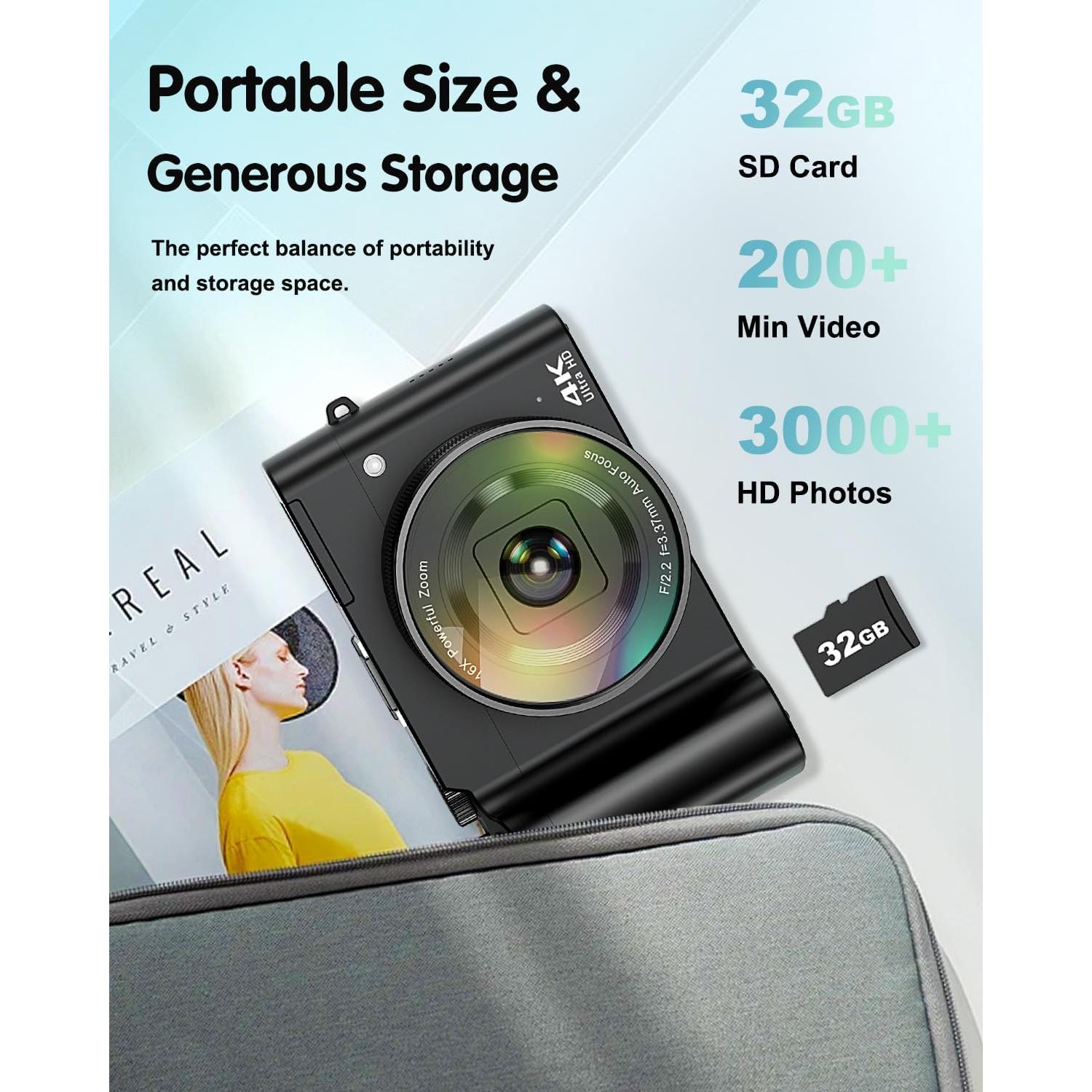 4K Digital Camera for Photography, 64MP Autofocus Vlogging Camera for YouTube with Selfie Lens, Compact Travel Video Camera with Flash, 16X Zoom, Anti-Shake, 32GB Card, 2 Batteries(Black)