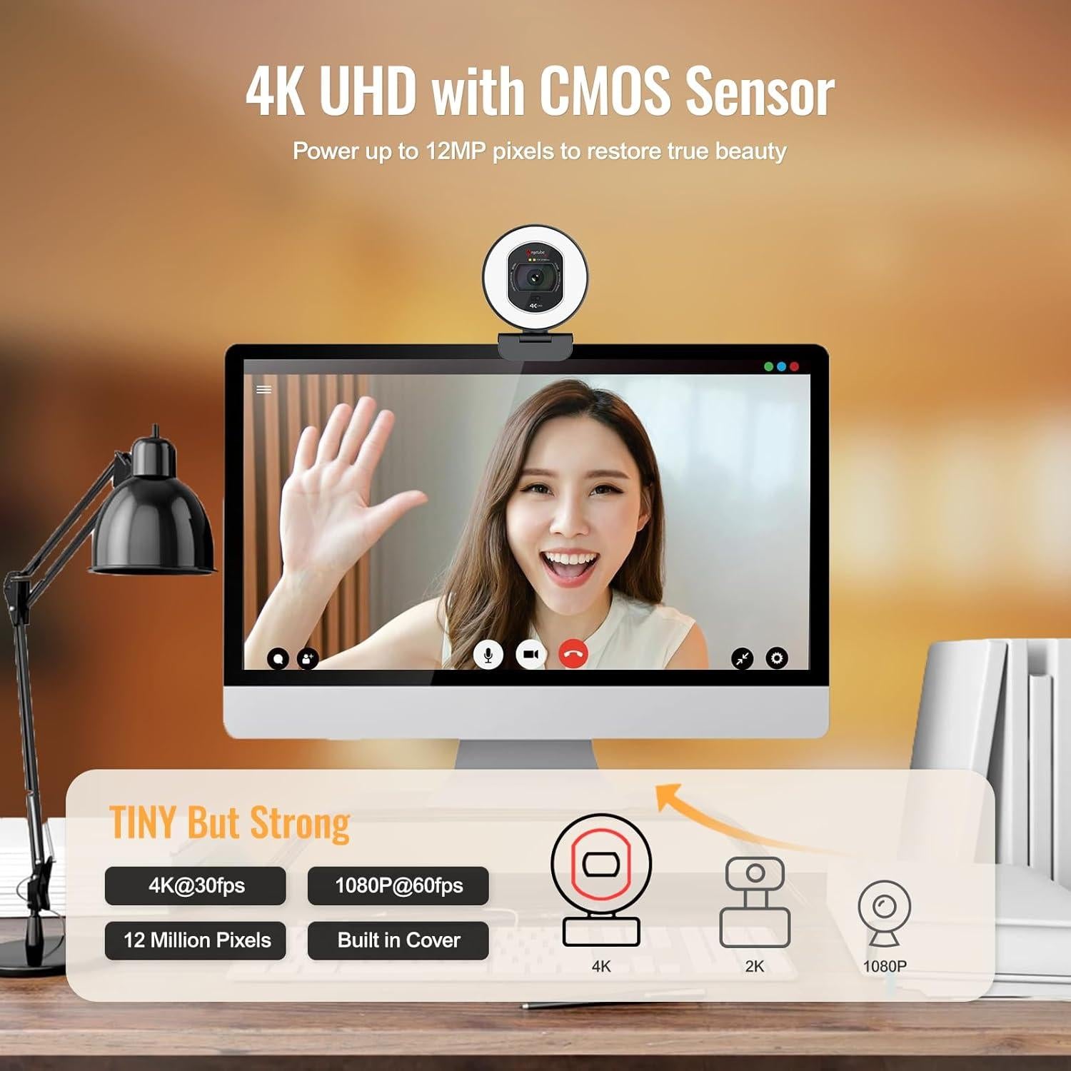 Cámara Web Angetube 4K 866Max con Luz y Micrófonos AI