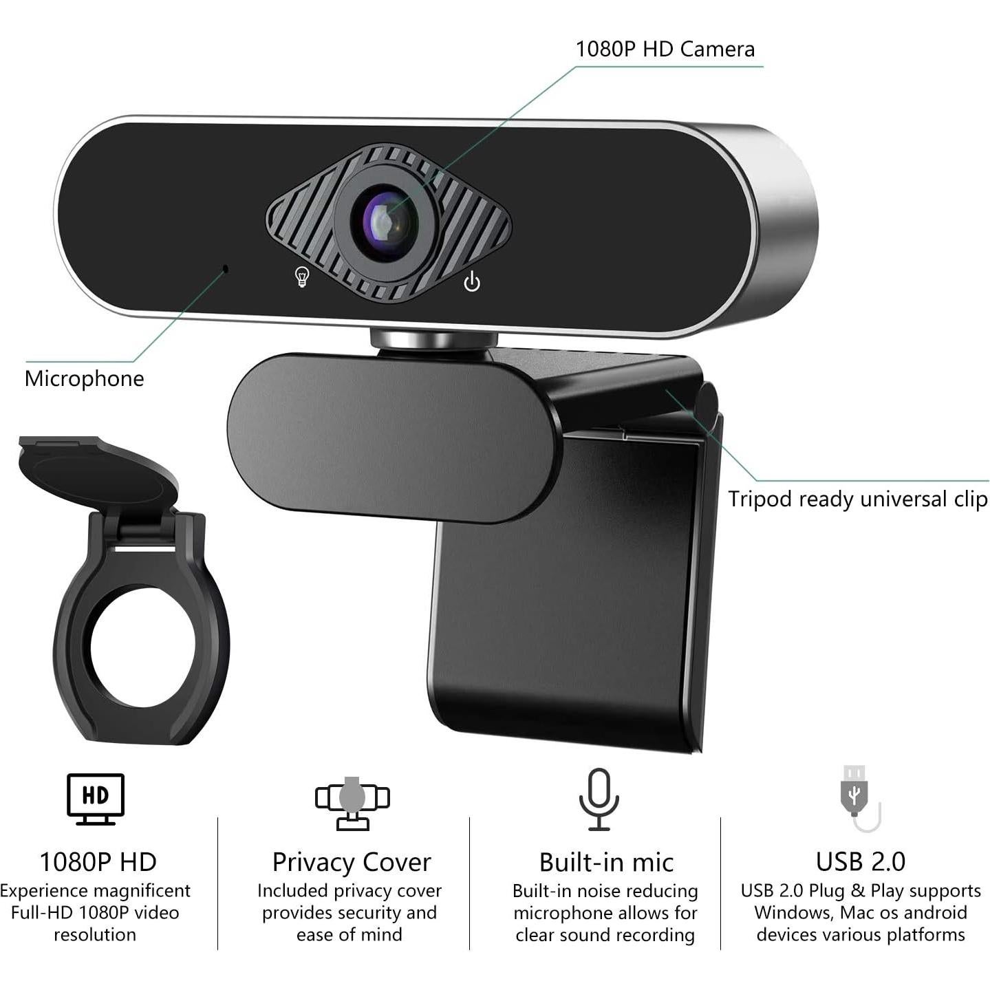 Webcam 1080P HD Wennyn con micrófono y tapa de privacidad