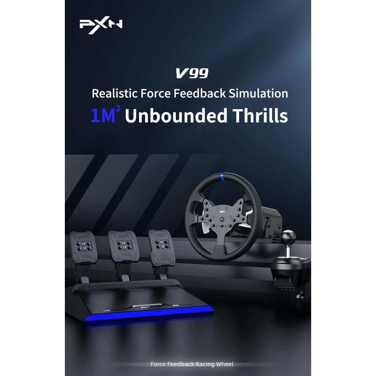 PXN-V99 Racing wheel, 3nm force feedback gaming Racing wheel, 270/900° Dismantle, with Hall magnetic induction pedal, 6+1 gear shift rod steering wheel for PS4/PS3/ Xbox One/Series X/S/PC(7/8/10/11）