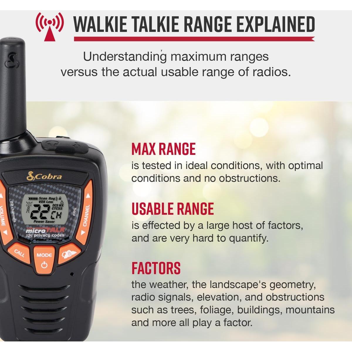 Walkie Talkies Cobra ACXT390 - 22 Canales, 37 km, Recargables