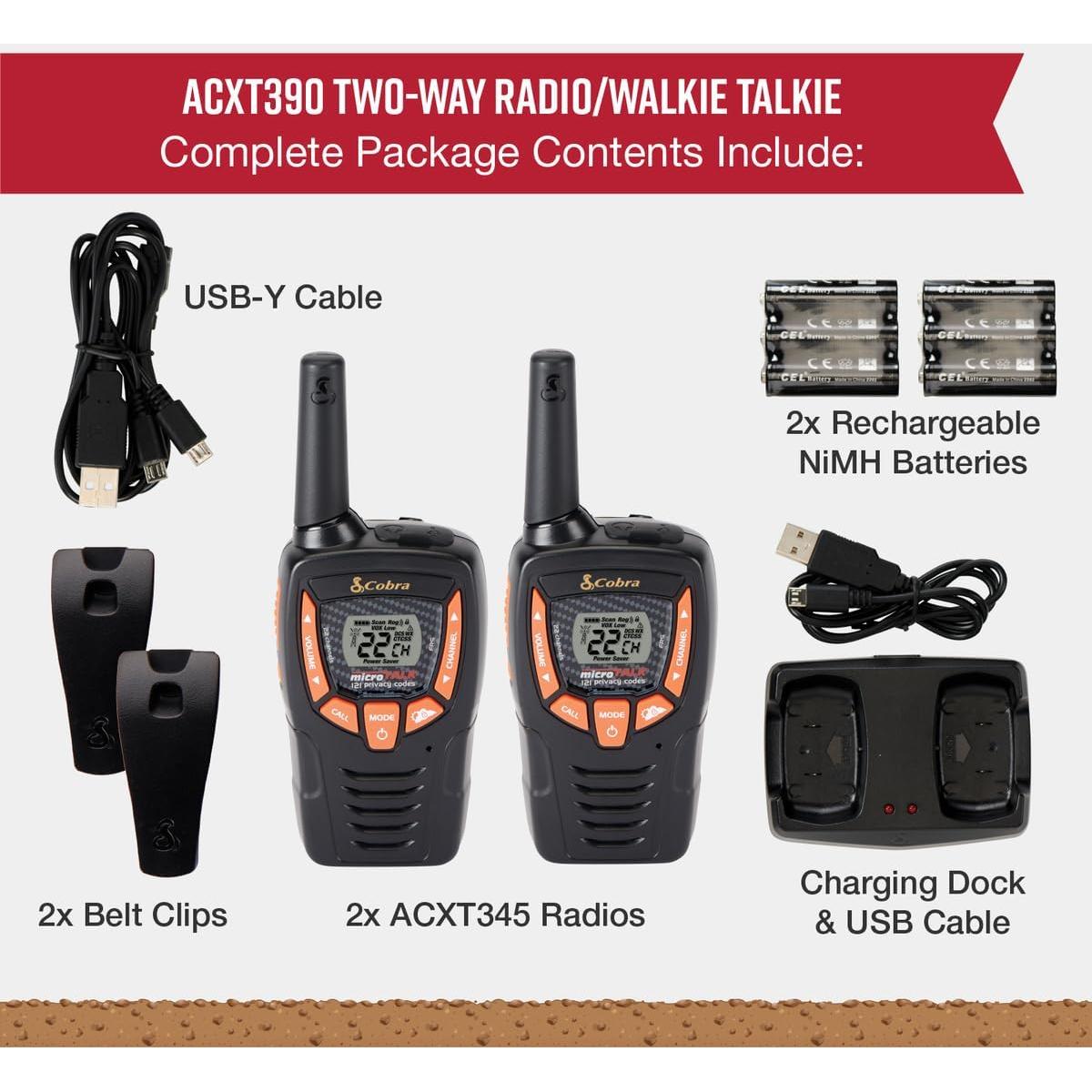Walkie Talkies Cobra ACXT390 - 22 Canales, 37 km, Recargables