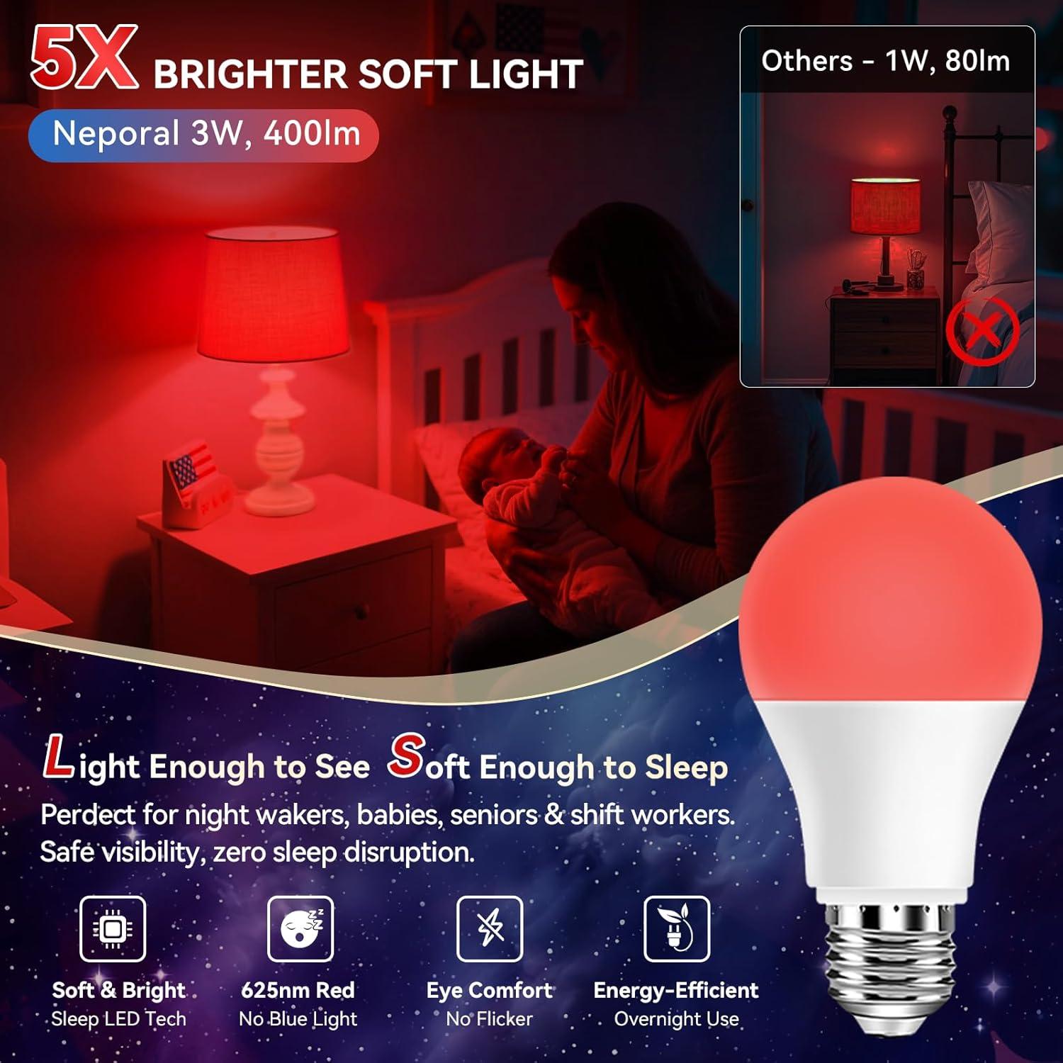 Bombilla LED Roja Neporal 3W A19 625nm Bloqueo Luz Azul