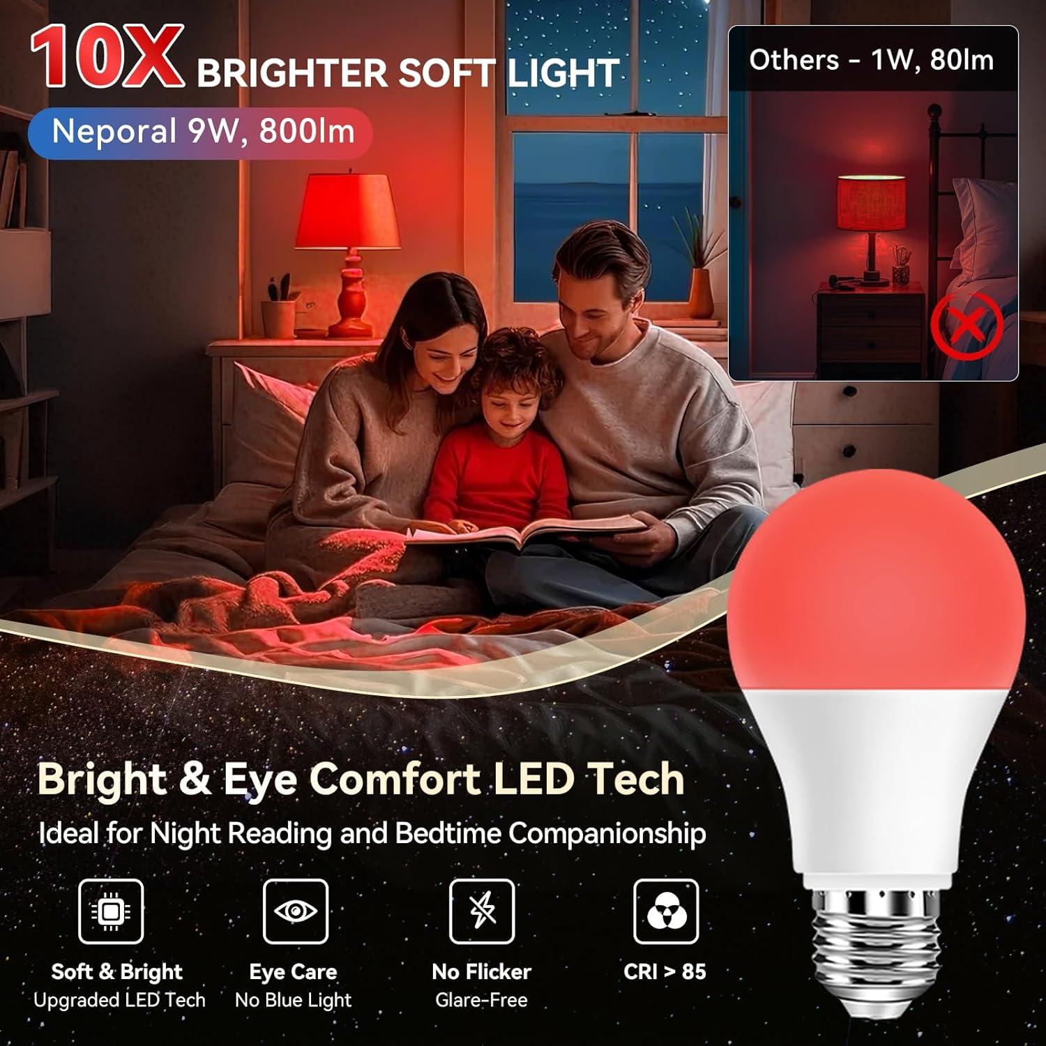 Bombillas LED rojas Neporal 9W 625nm para dormir - Paquete de 4