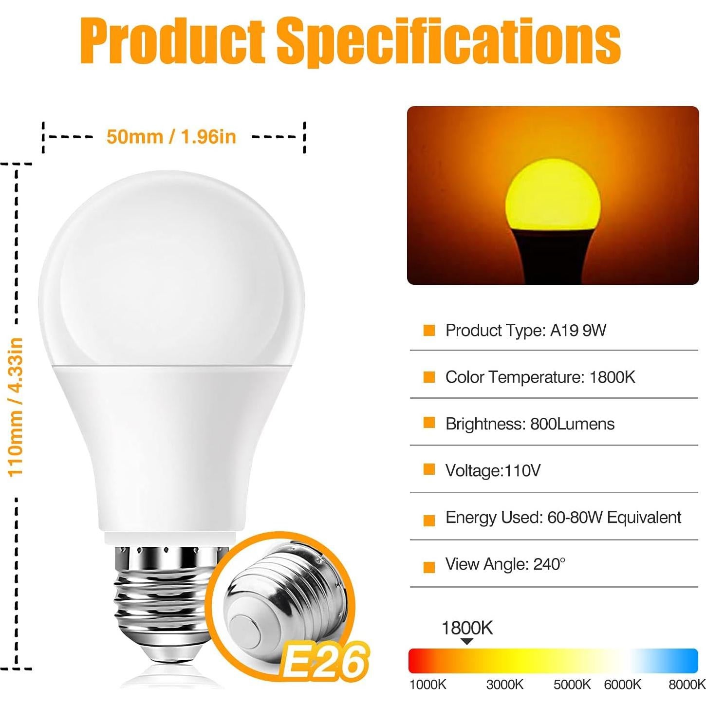 Bombillas LED Ámbar Neporal 4PK 9W Luz Suave 1800K