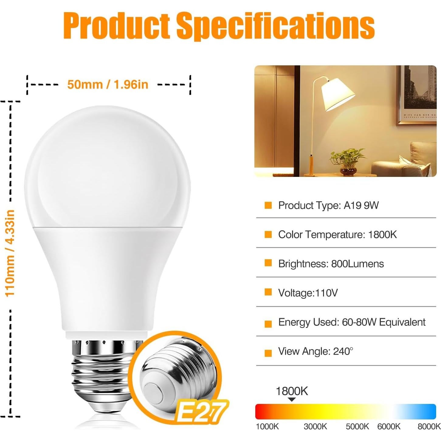 Bombillas LED Ámbar Neporal 9W, 800 lúmenes, 8 unidades