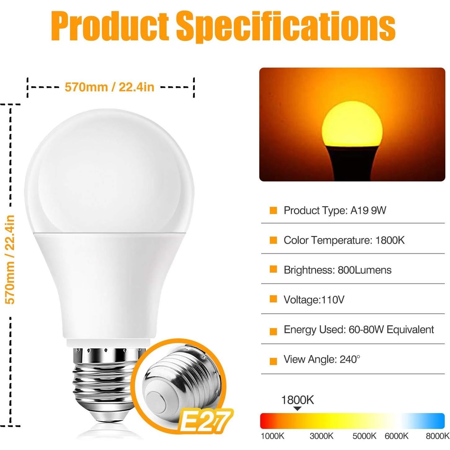 Bombillas LED Ámbar Neporal 9W, luz cálida 1800K, 1 paquete