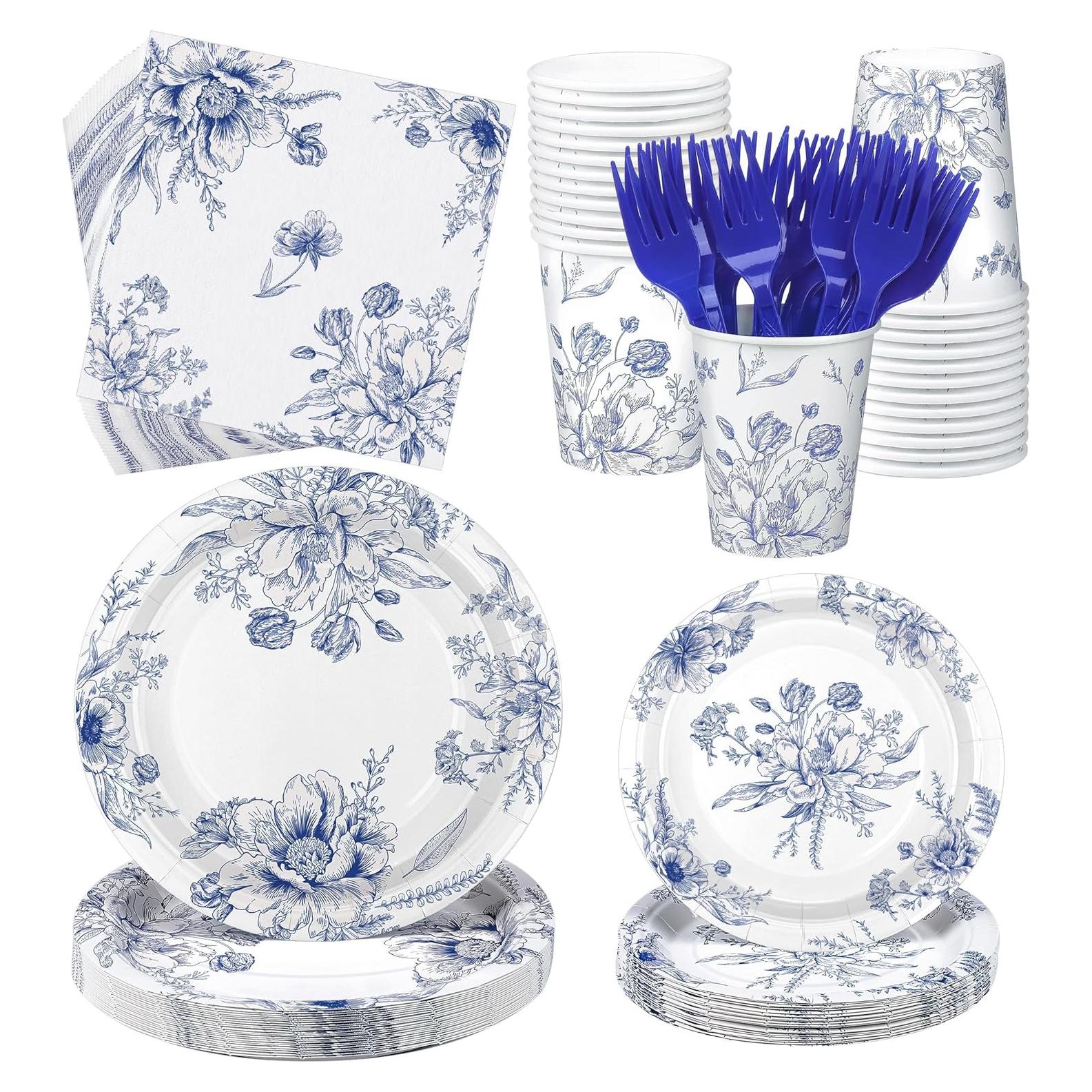 Vajilla Desechable 144 Piezas Kochorie Flores Azules