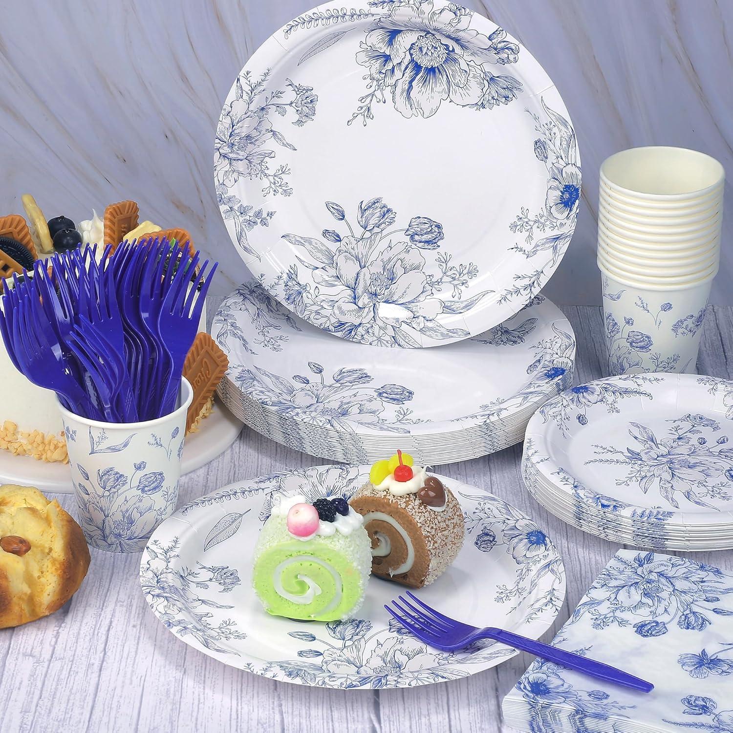 Vajilla Desechable 144 Piezas Kochorie Flores Azules