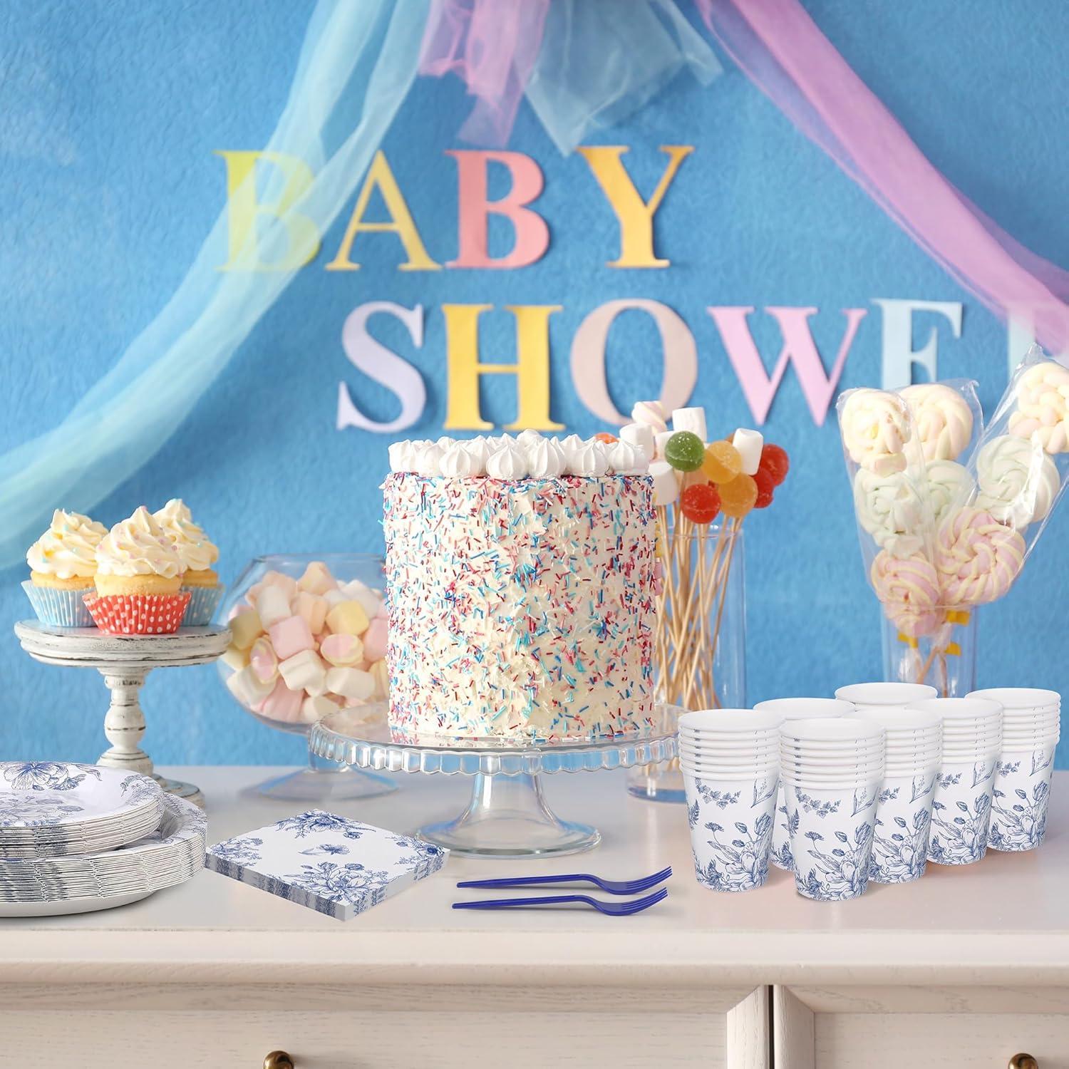 Vajilla Desechable 144 Piezas Kochorie Flores Azules