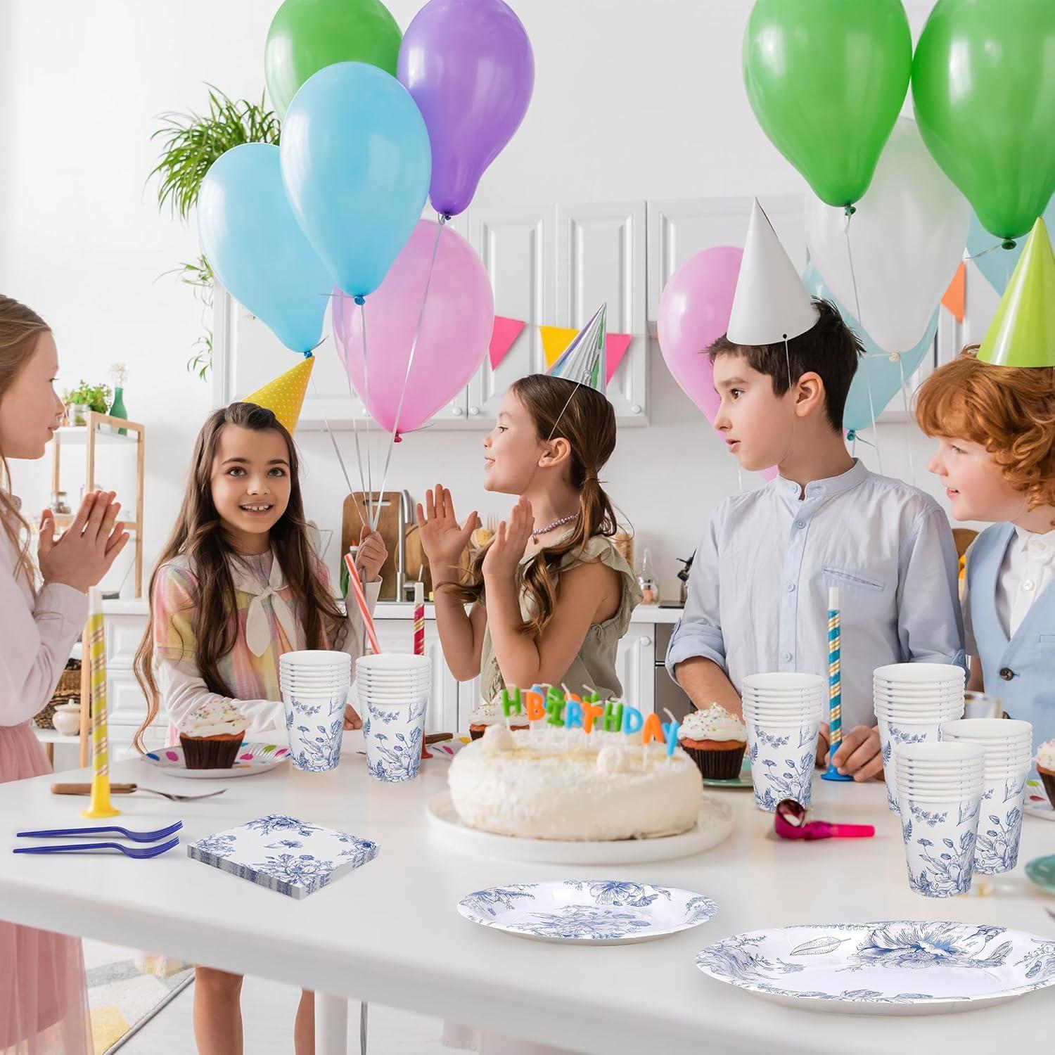 Vajilla Desechable 144 Piezas Kochorie Flores Azules