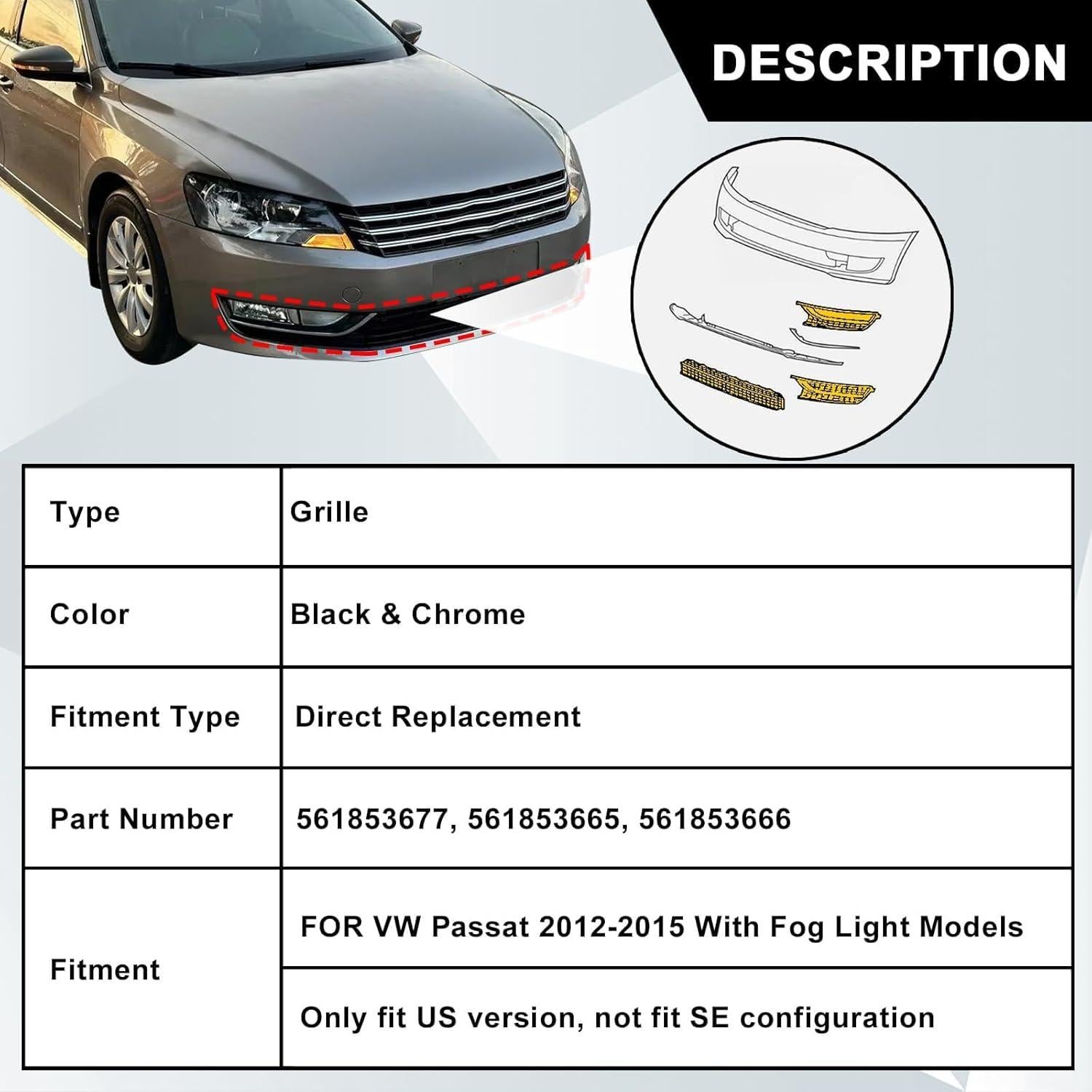 Cubierta de Parrilla Inferior SecosAutoparts VW Passat 2012-2015
