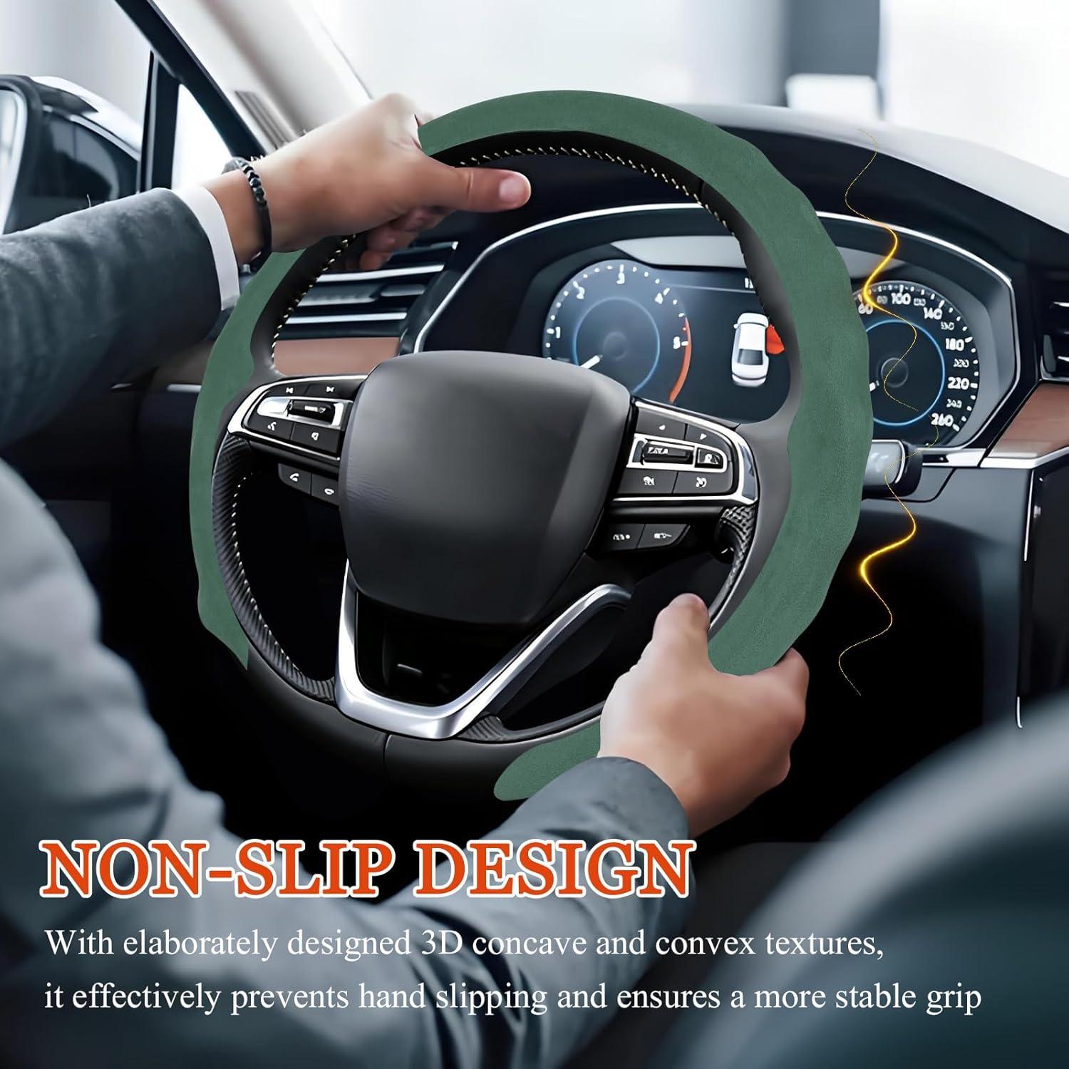 Funda de Volante Wuyaoyao Cuero Suede 38 cm Antideslizante Verde Oscuro