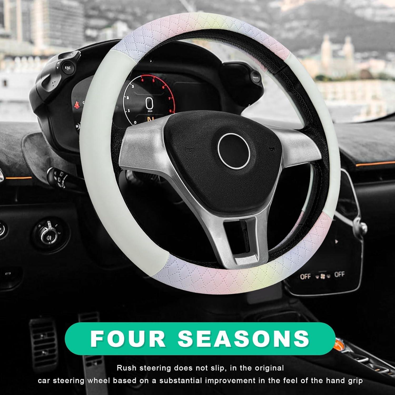 Funda de Volante YTFRL 38 cm Cuero Antideslizante Blanco y Rosa