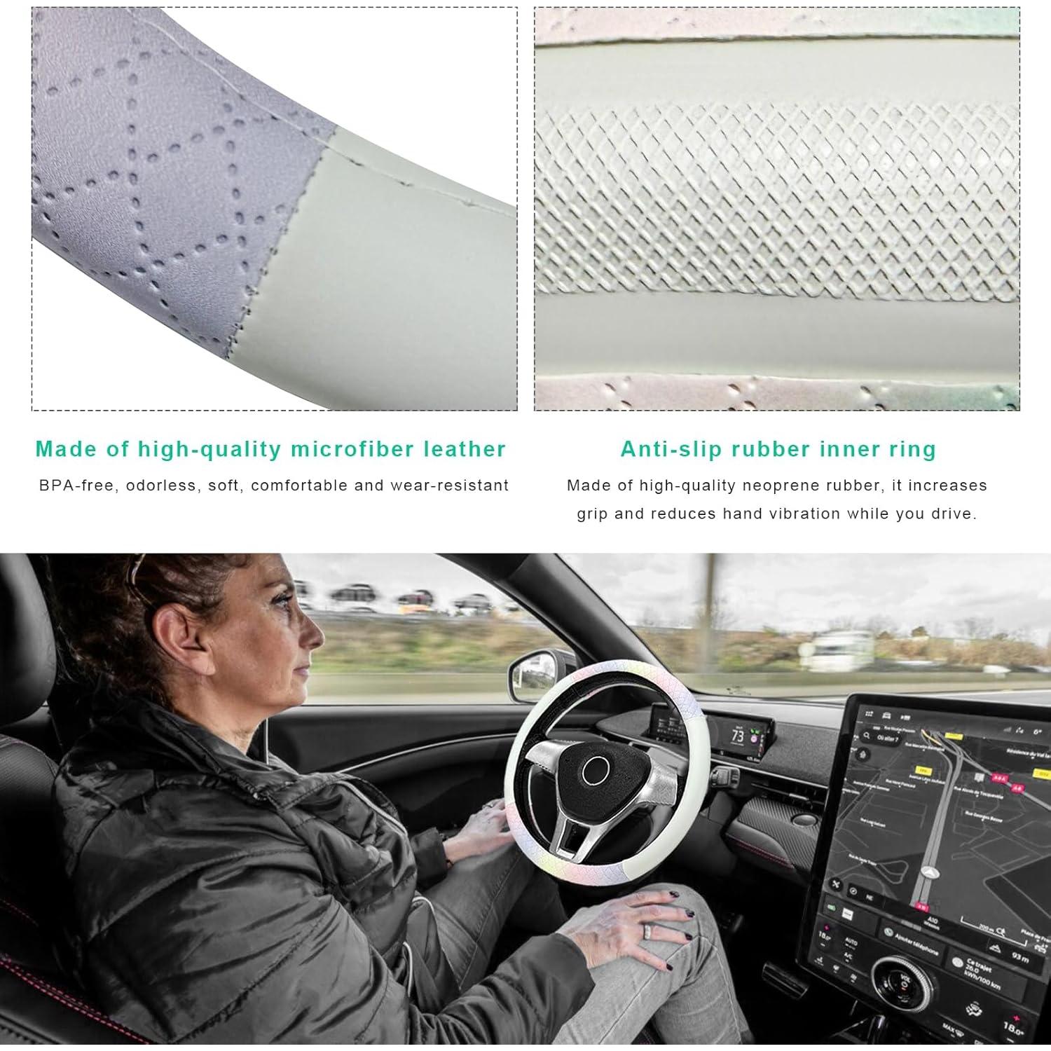 Funda de Volante YTFRL 38 cm Cuero Antideslizante Blanco y Rosa