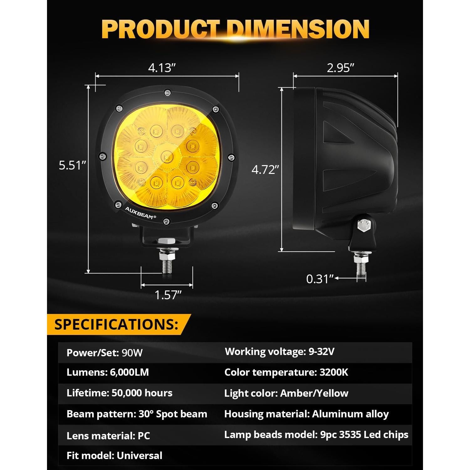 Luces LED Offroad Auxbeam 4" 90W Ámbar 9000LM 2PCS