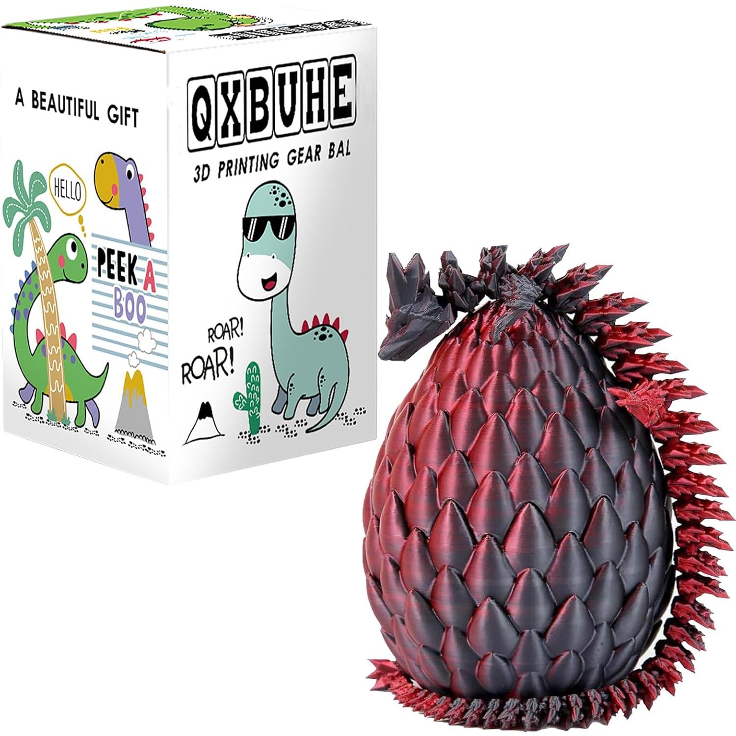 12inch 3D Printed Dragon Egg,Mystery Crystal Dragon Fidget Toys,Articulated Dragon,Home Desk Decor Easter Surprise Dinosaur Eggs,Adults Fidget Toys for Autism/ADHD (Black Red)