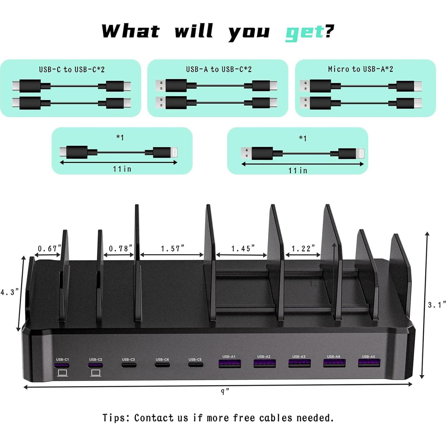 Estación de Carga 320W Zobirez 10 Puertos USB-C Negro