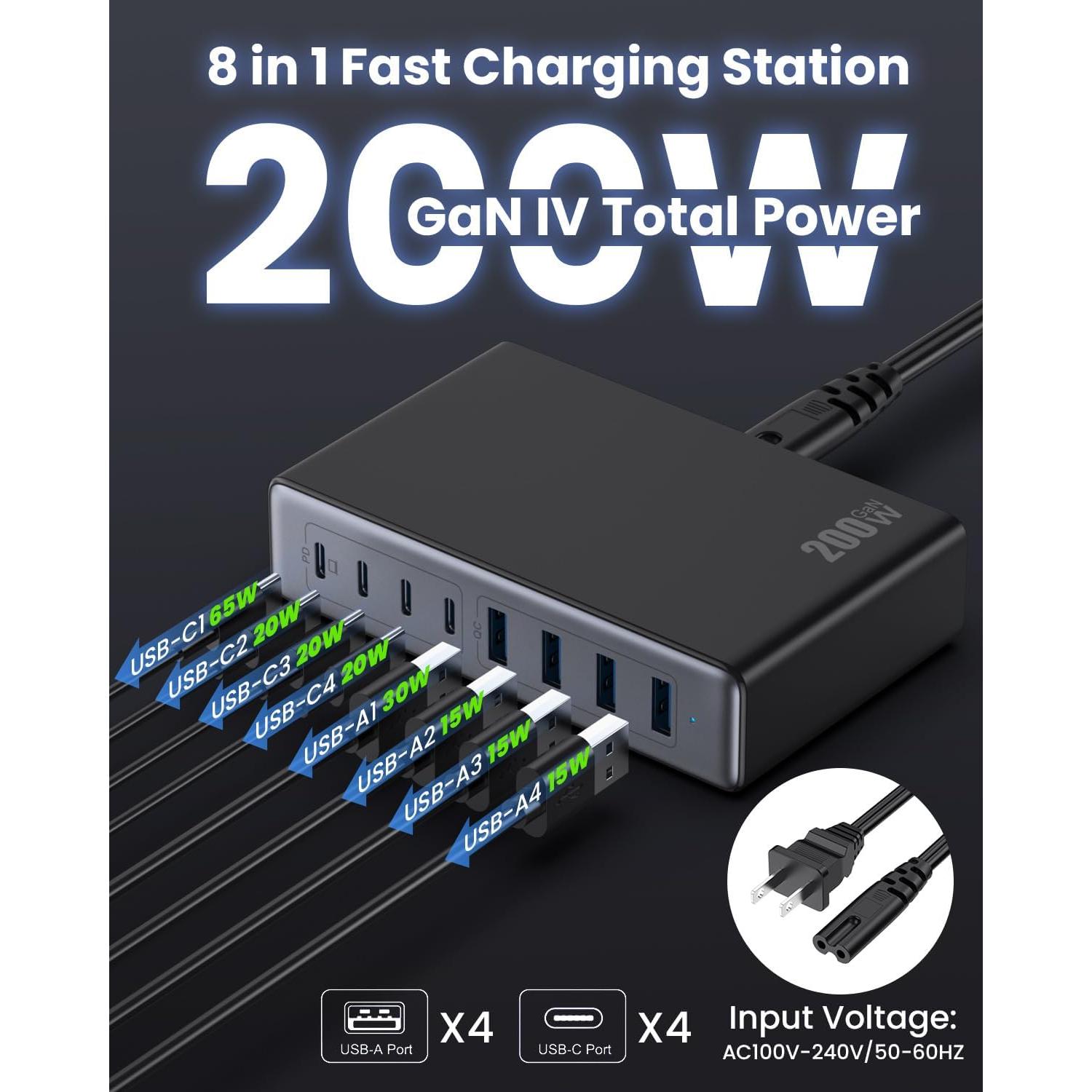 Cargador USB C 200W GaN IV 8 Puertos Carga Rápida Negro