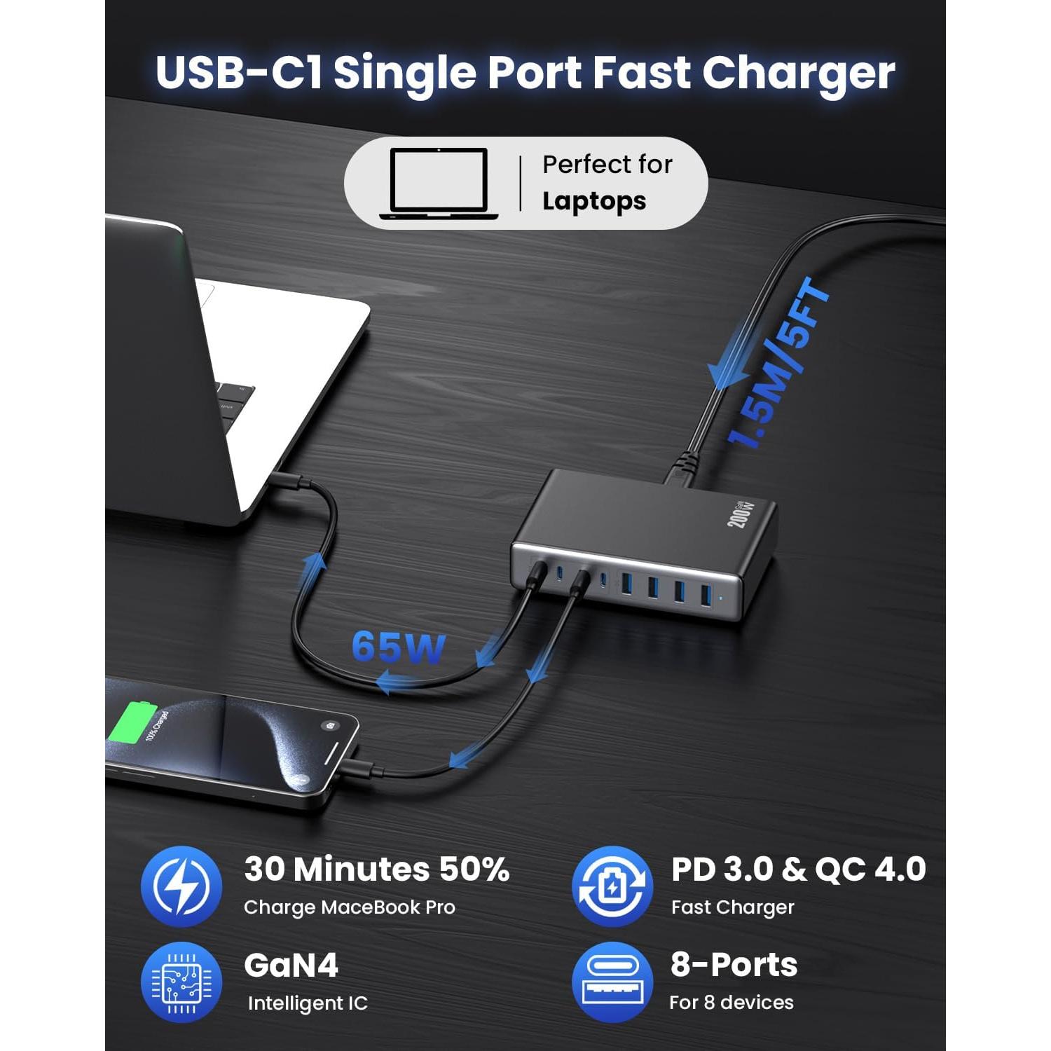 Cargador USB C 200W GaN IV 8 Puertos Carga Rápida Negro