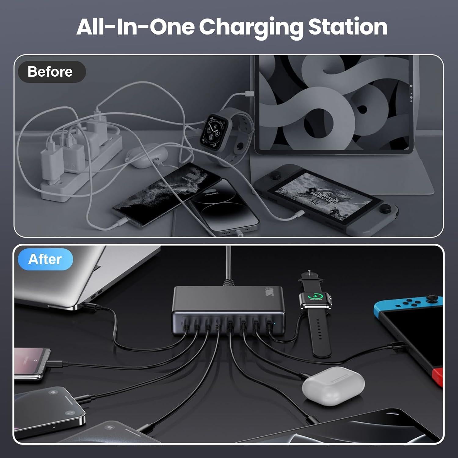 Cargador USB C 200W GaN IV 8 Puertos Carga Rápida Negro