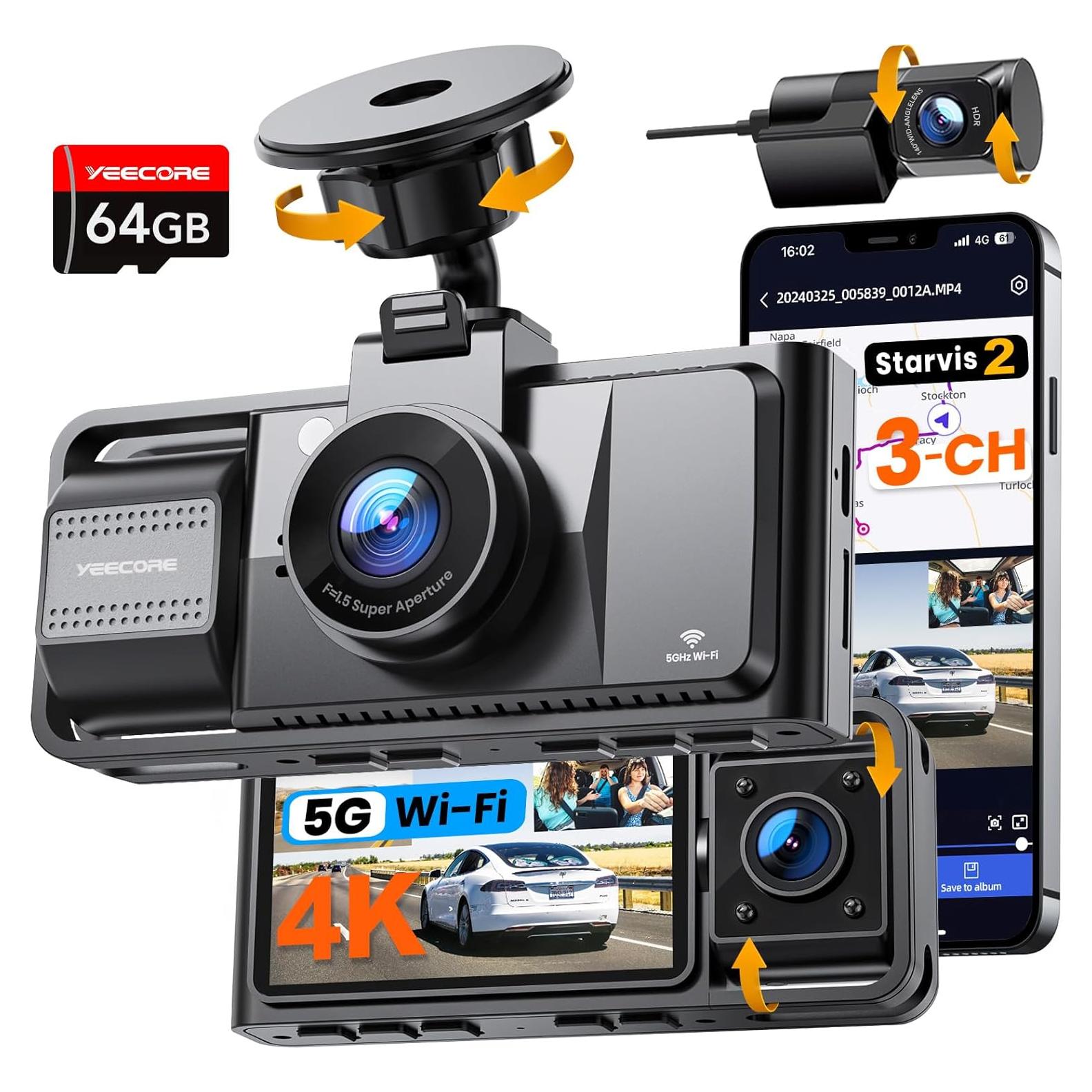 Real 4K 3 Channel Dash Cam Front and Rear Inside, STARVIS 2 HDR Sensor, 5.8GHz Wi-Fi GPS G-Sensor, 4K+1080P+1080P Dashcam, Free 64GB Card Include, IR Night Vision, 3.3'' Big IPS, 24Hr Parking Monitor
