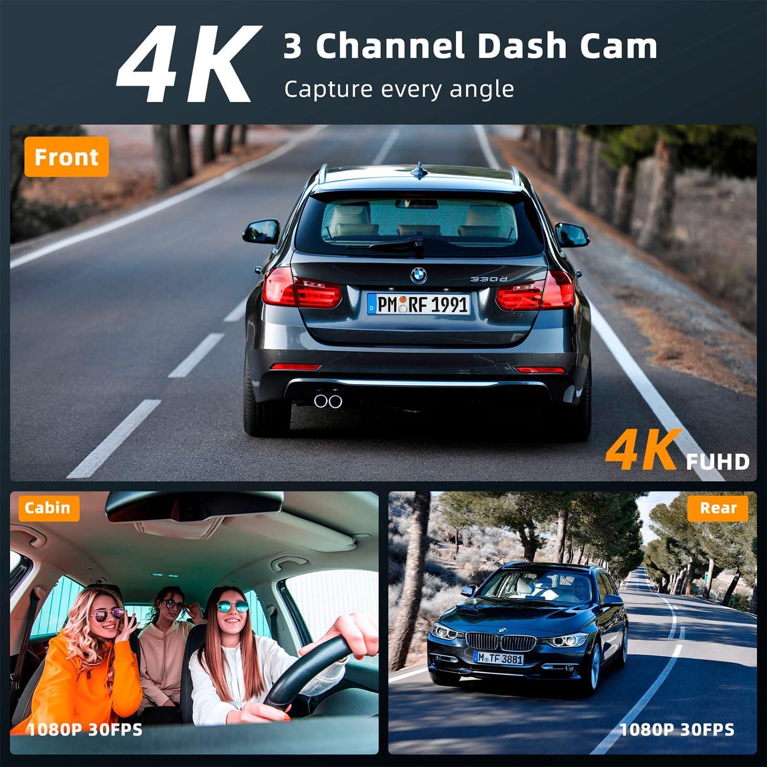 Real 4K 3 Channel Dash Cam Front and Rear Inside, STARVIS 2 HDR Sensor, 5.8GHz Wi-Fi GPS G-Sensor, 4K+1080P+1080P Dashcam, Free 64GB Card Include, IR Night Vision, 3.3'' Big IPS, 24Hr Parking Monitor