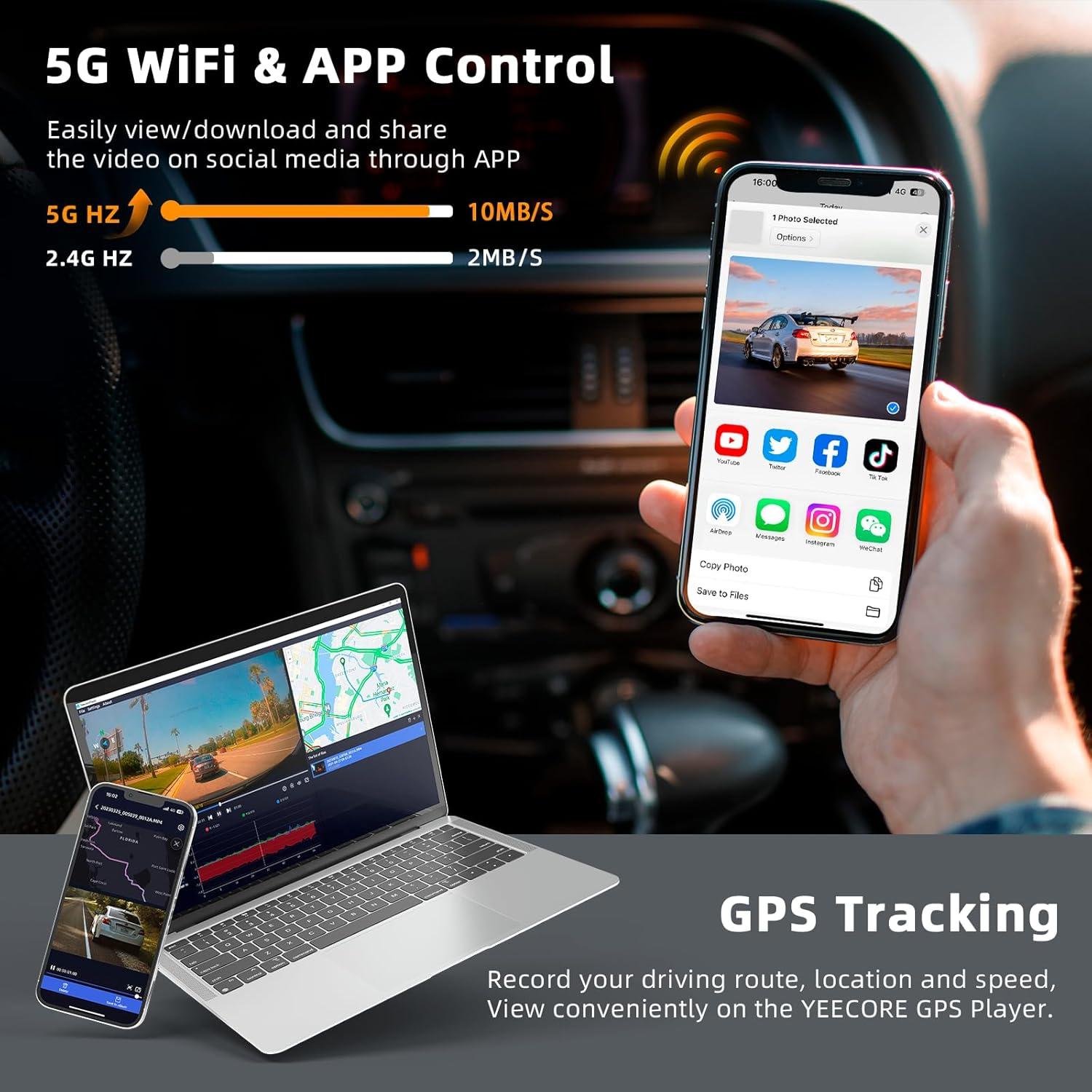 Real 4K 3 Channel Dash Cam Front and Rear Inside, STARVIS 2 HDR Sensor, 5.8GHz Wi-Fi GPS G-Sensor, 4K+1080P+1080P Dashcam, Free 64GB Card Include, IR Night Vision, 3.3'' Big IPS, 24Hr Parking Monitor