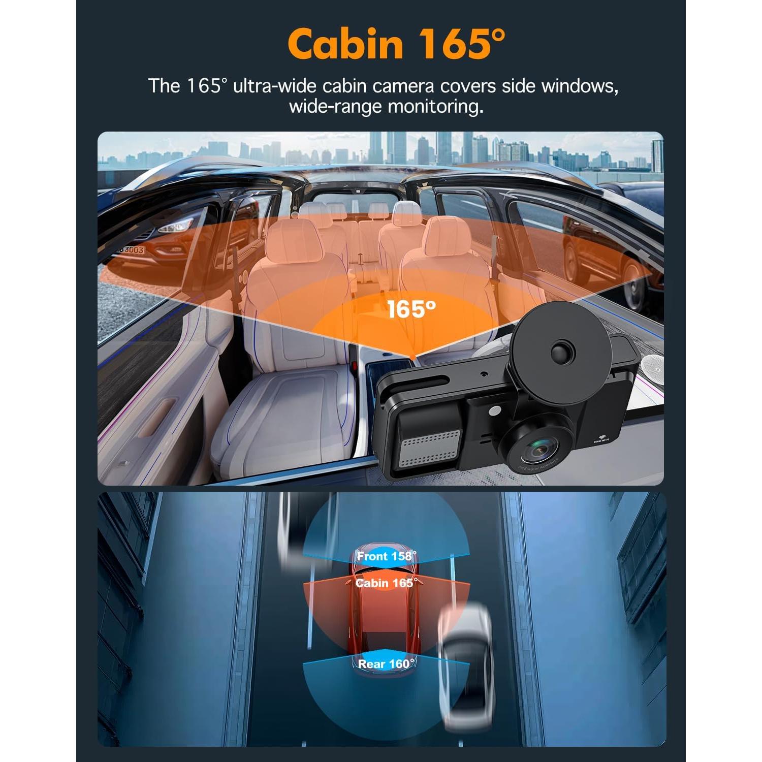 Real 4K 3 Channel Dash Cam Front and Rear Inside, STARVIS 2 HDR Sensor, 5.8GHz Wi-Fi GPS G-Sensor, 4K+1080P+1080P Dashcam, Free 64GB Card Include, IR Night Vision, 3.3'' Big IPS, 24Hr Parking Monitor