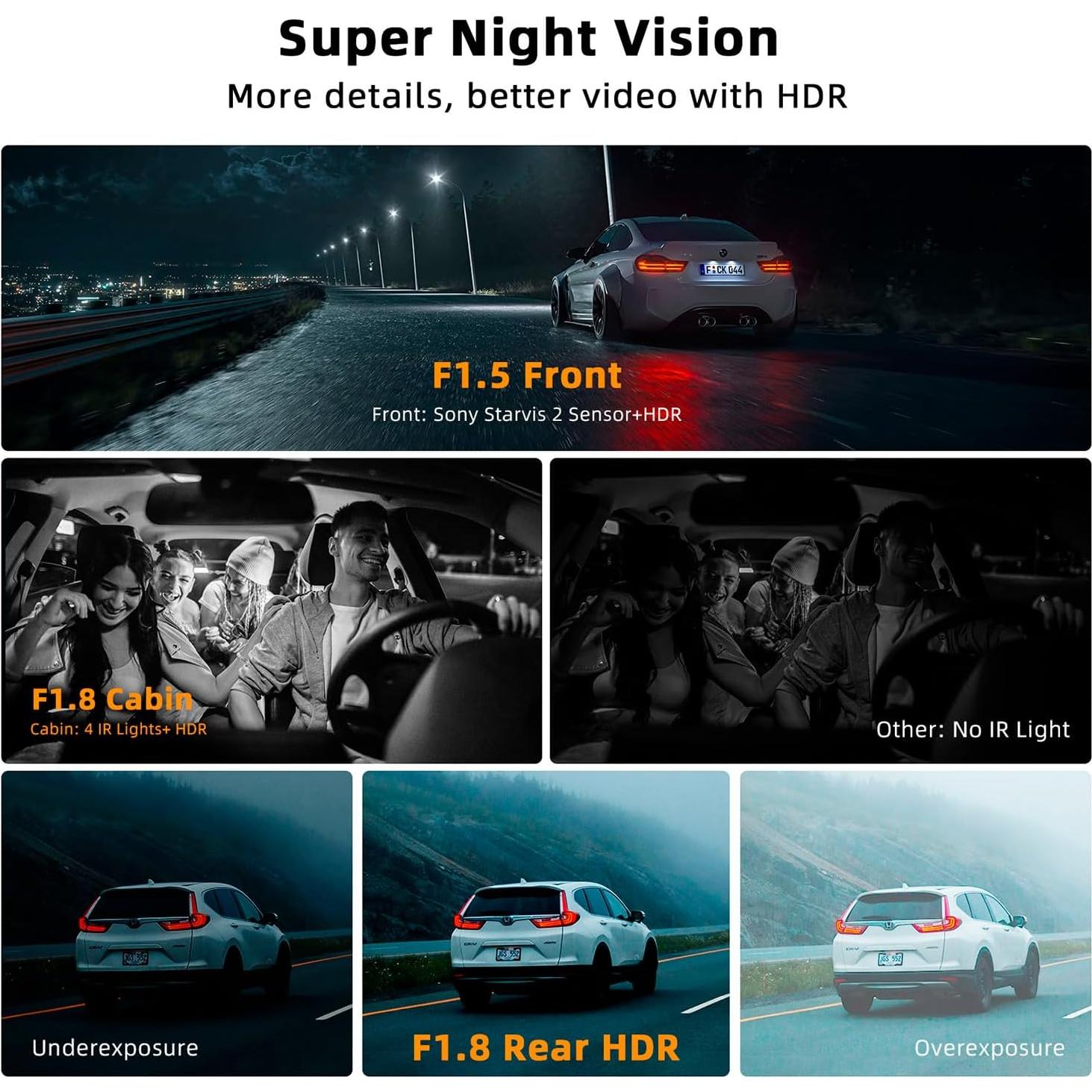Real 4K 3 Channel Dash Cam Front and Rear Inside, STARVIS 2 HDR Sensor, 5.8GHz Wi-Fi GPS G-Sensor, 4K+1080P+1080P Dashcam, Free 64GB Card Include, IR Night Vision, 3.3'' Big IPS, 24Hr Parking Monitor