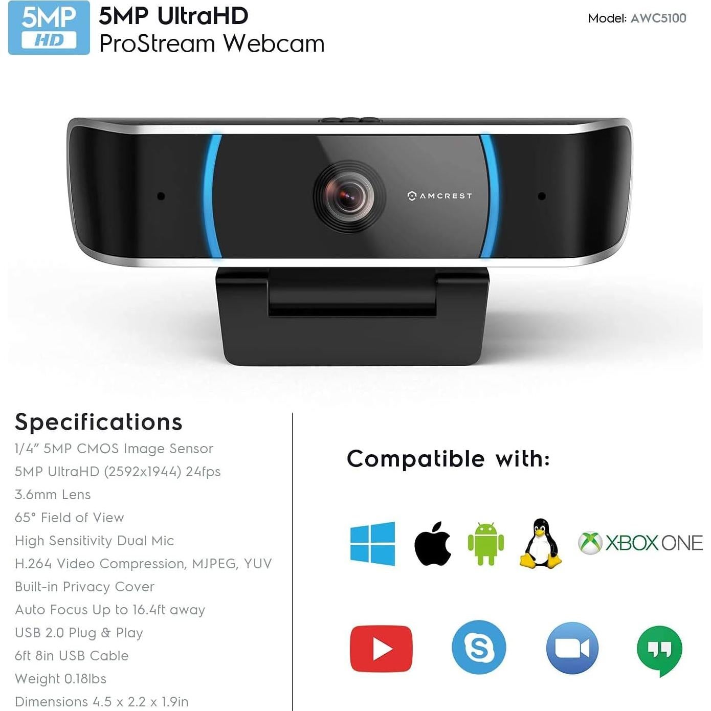 Cámara Web Amcrest AWC5100 5MP HD con Micrófono y Gran Angular