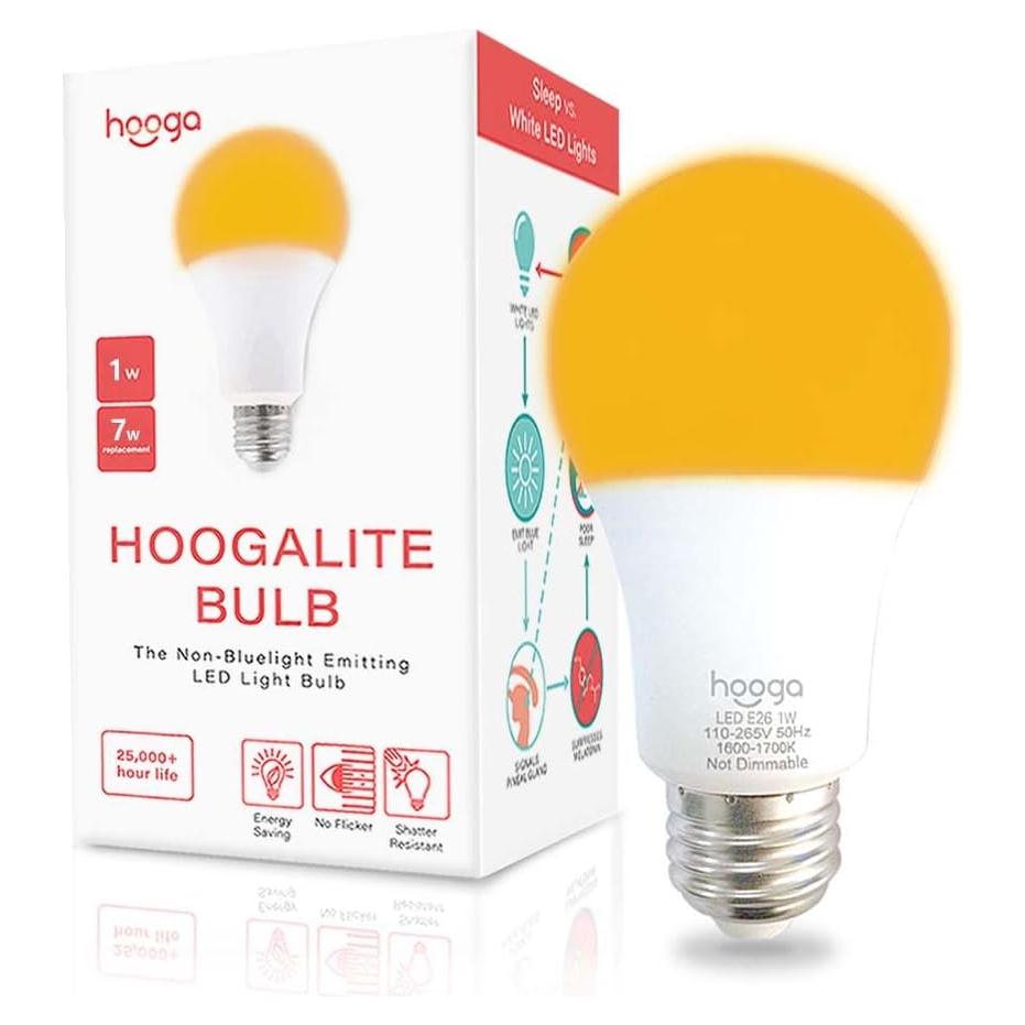 hooga Sleep Light Bulb, Amber Light Bulbs for Sleep Therapy, Blue Light Blocking, 1600K Dim Light Bulbs 7W Equivalent, Mood Soothing Light, E26 A19 Warm Light Bulbs for Bedroom, Nursery, 1 Pack.