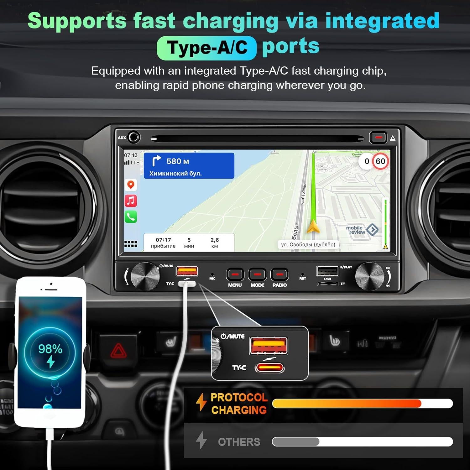 Radio de Coche Doble Din Inexaccessories 7" CarPlay Bluetooth