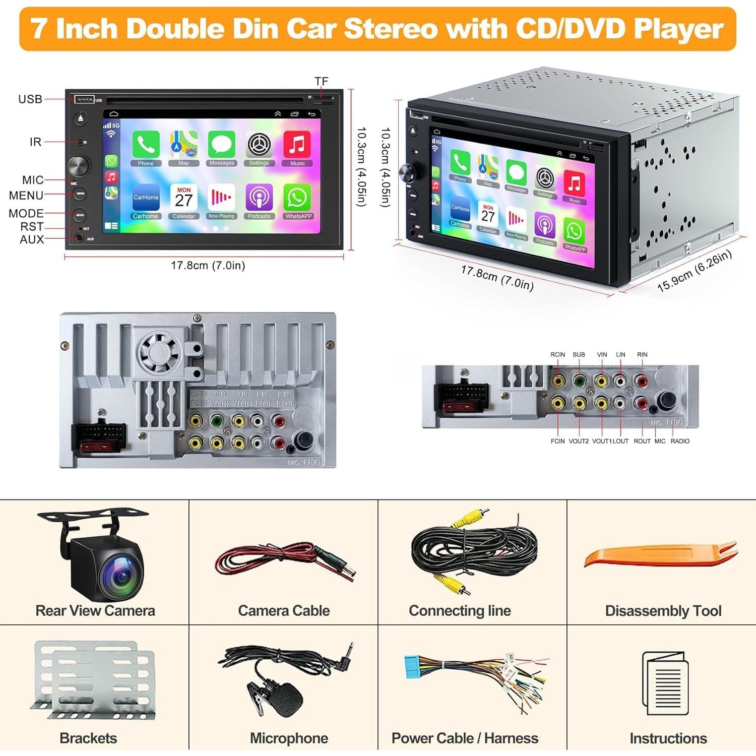 Estéreo de coche Double Din Inexaccessories 7" Bluetooth CD/DVD