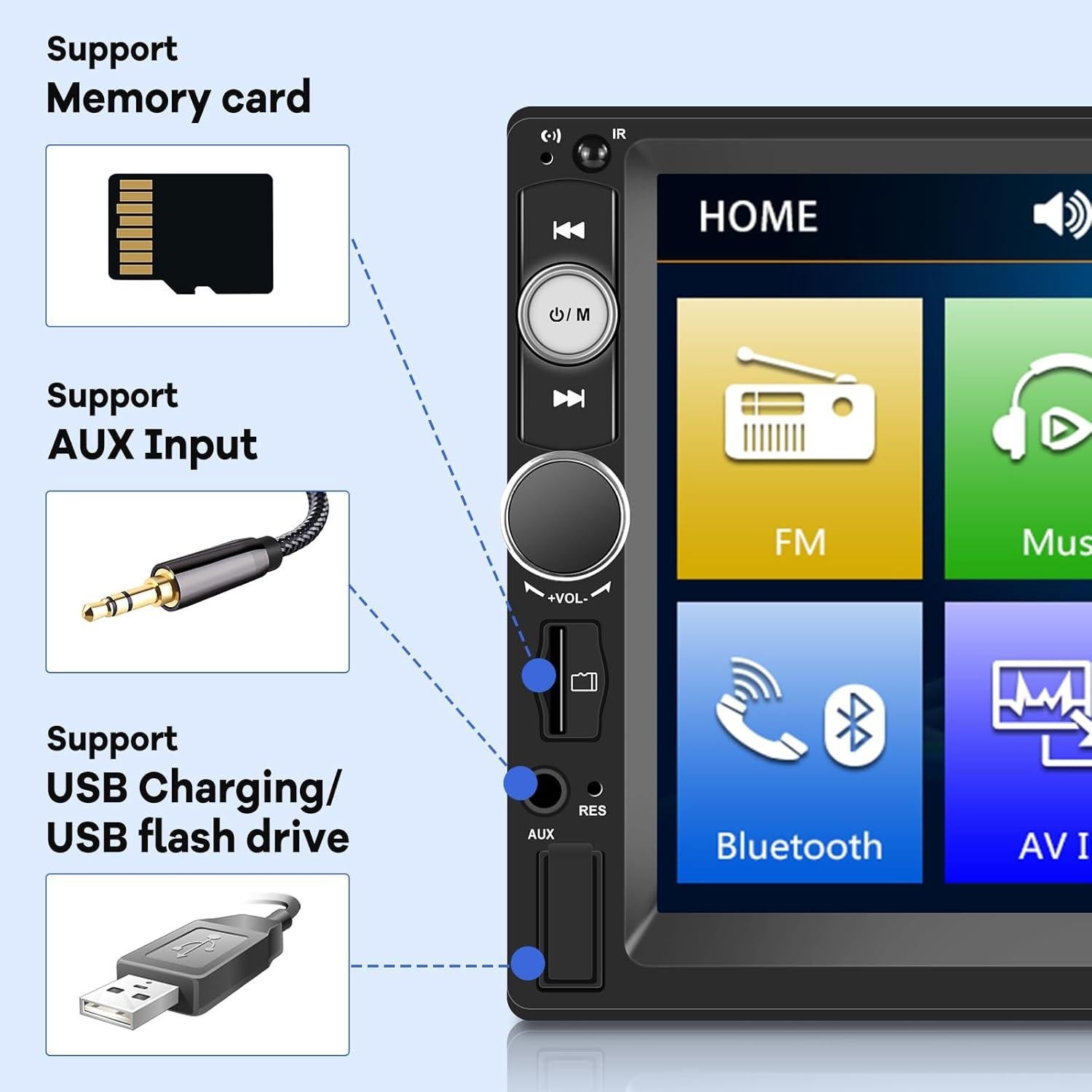 Estéreo de coche 2 Din EKAT 7" Bluetooth con cámara de reversa