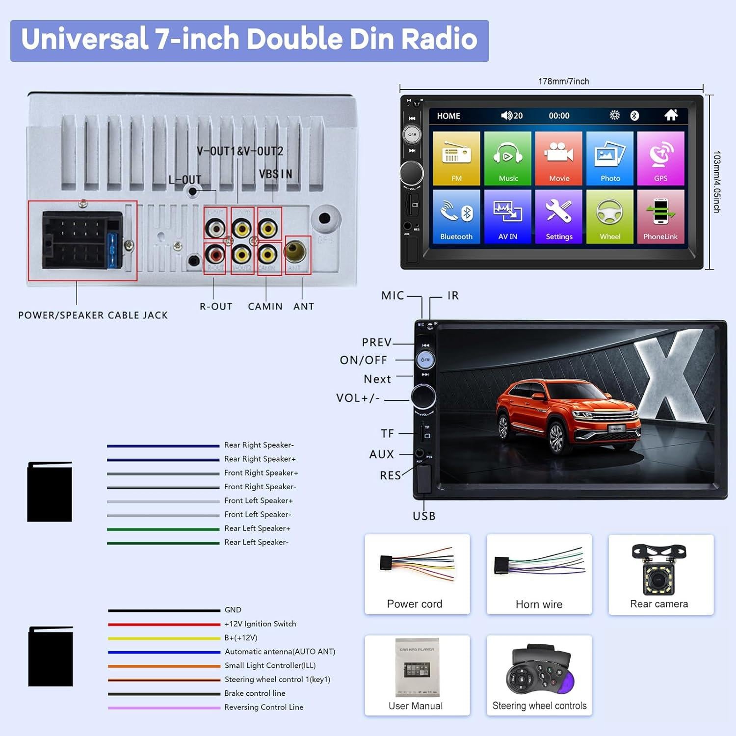 Estéreo de coche 2 Din EKAT 7" Bluetooth con cámara de reversa