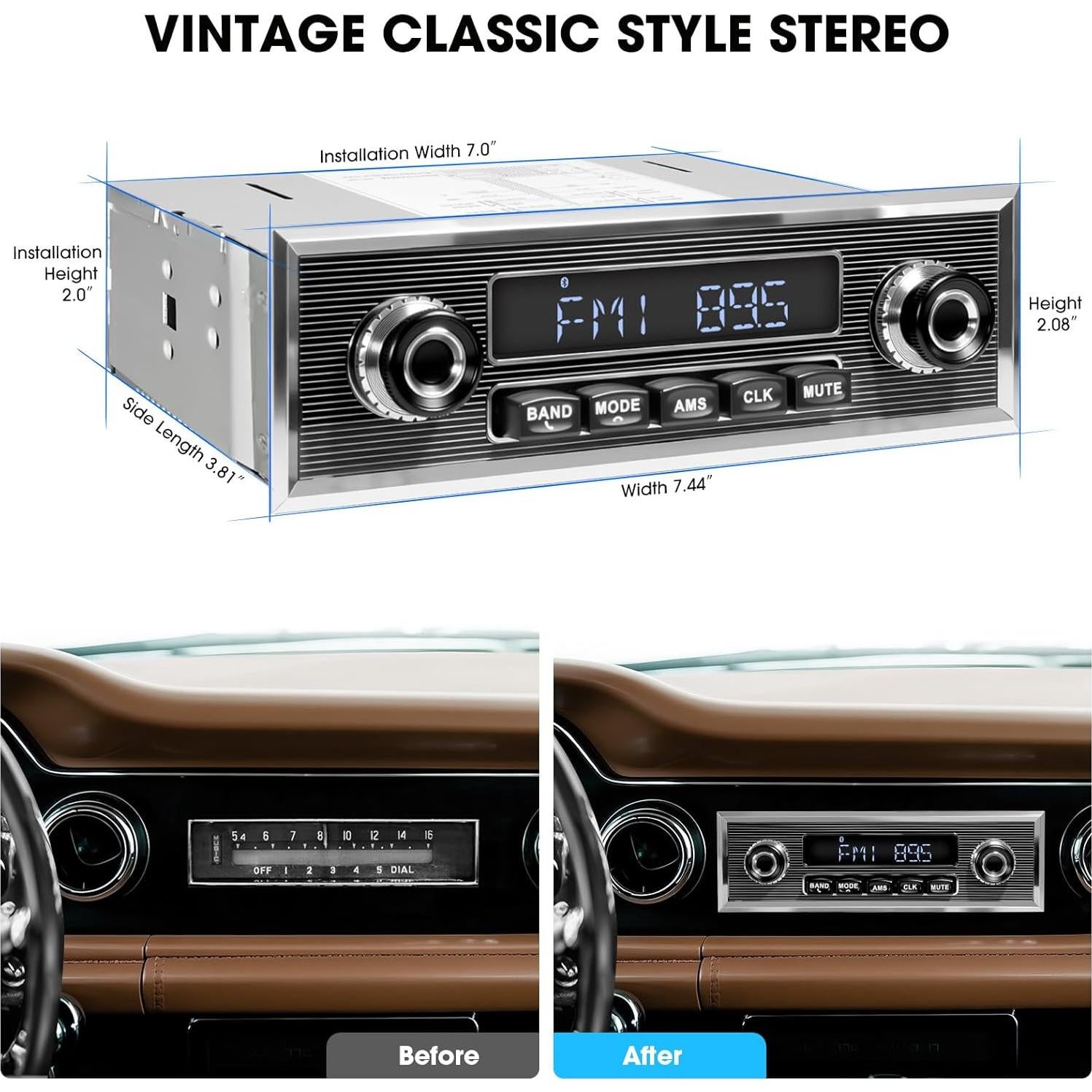 Radio Retro Vintage VOXXBASS 1 Din Bluetooth AM FM USB AUX