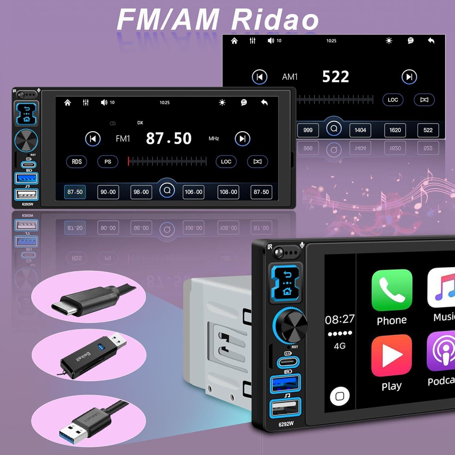 Estéreo de Coche Oeretzrac 1 DIN con Apple CarPlay y Android Auto