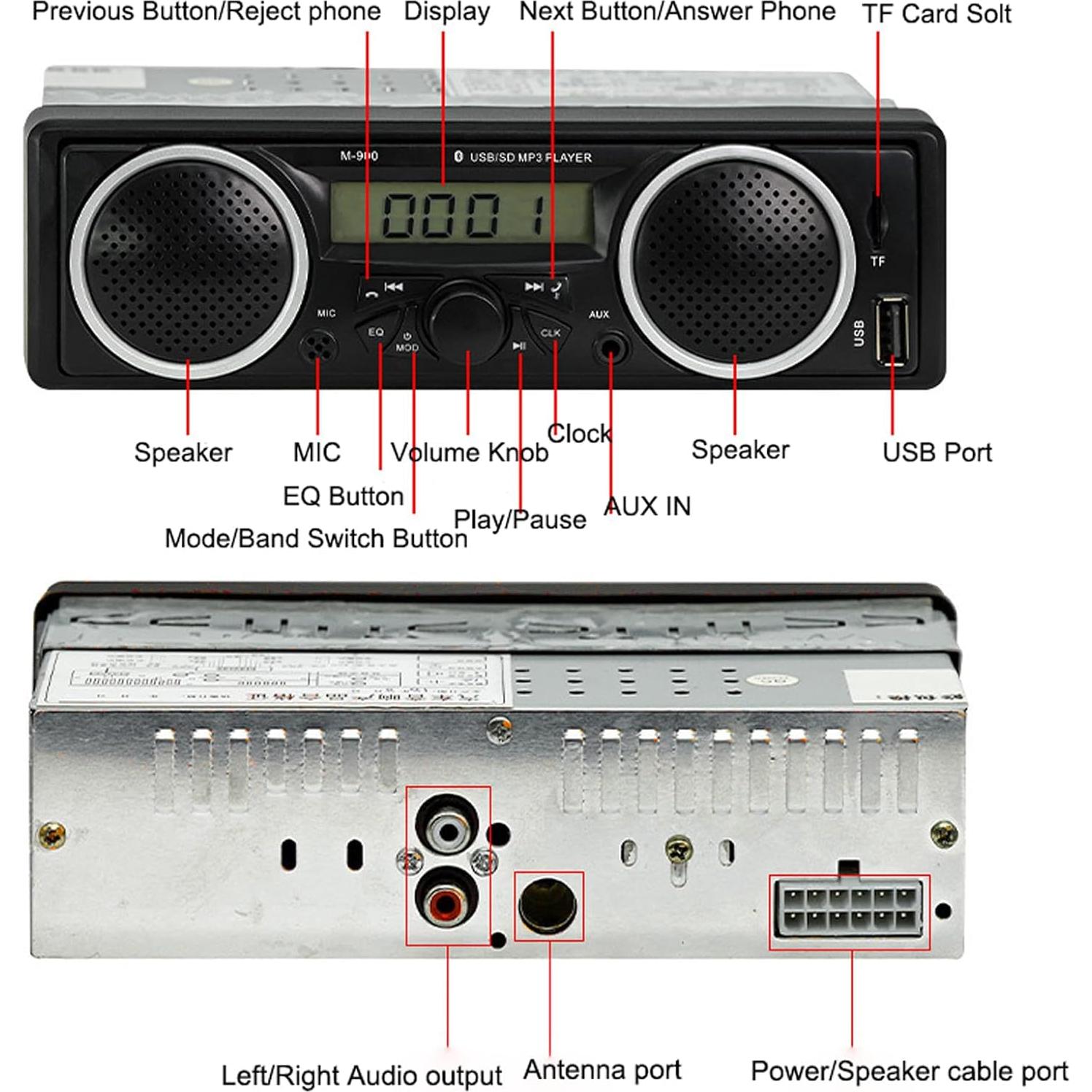 Estéreo de Coche Bluetooth VEQENMOT MT1000 12V-24V con 2 Altavoces