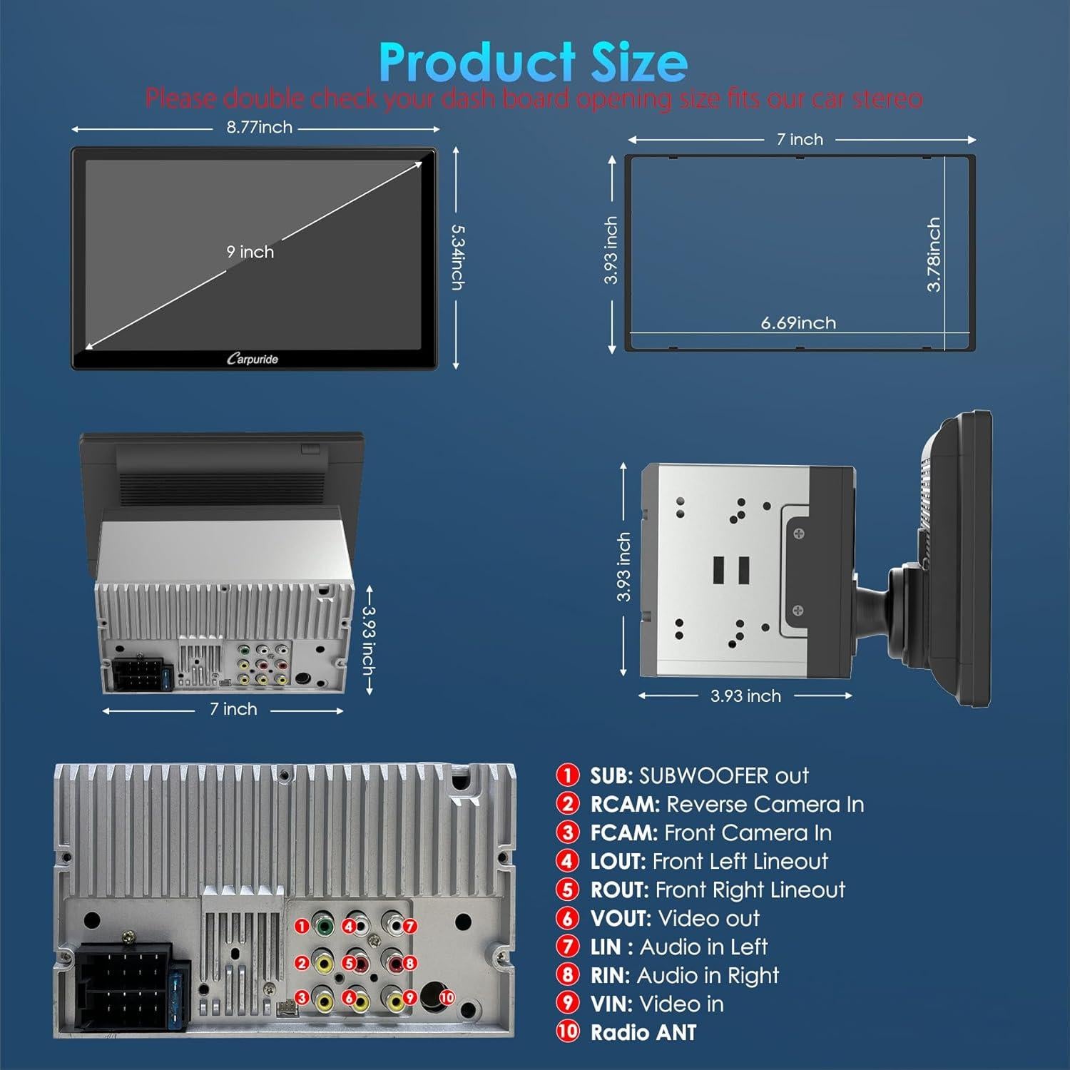 Estéreo de automóvil Carpuride YT09S 9" Doble Din con CarPlay