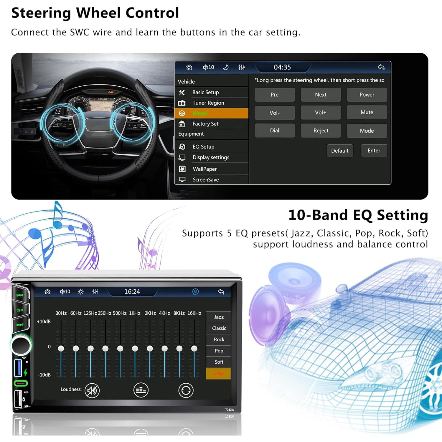 Estéreo de Coche Double Din Emeito 7" Bluetooth 5.2 180W