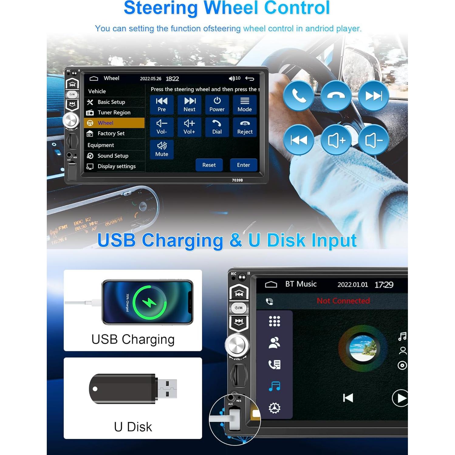 Estéreo de Coche Podofo 7" Carplay Android Auto Bluetooth