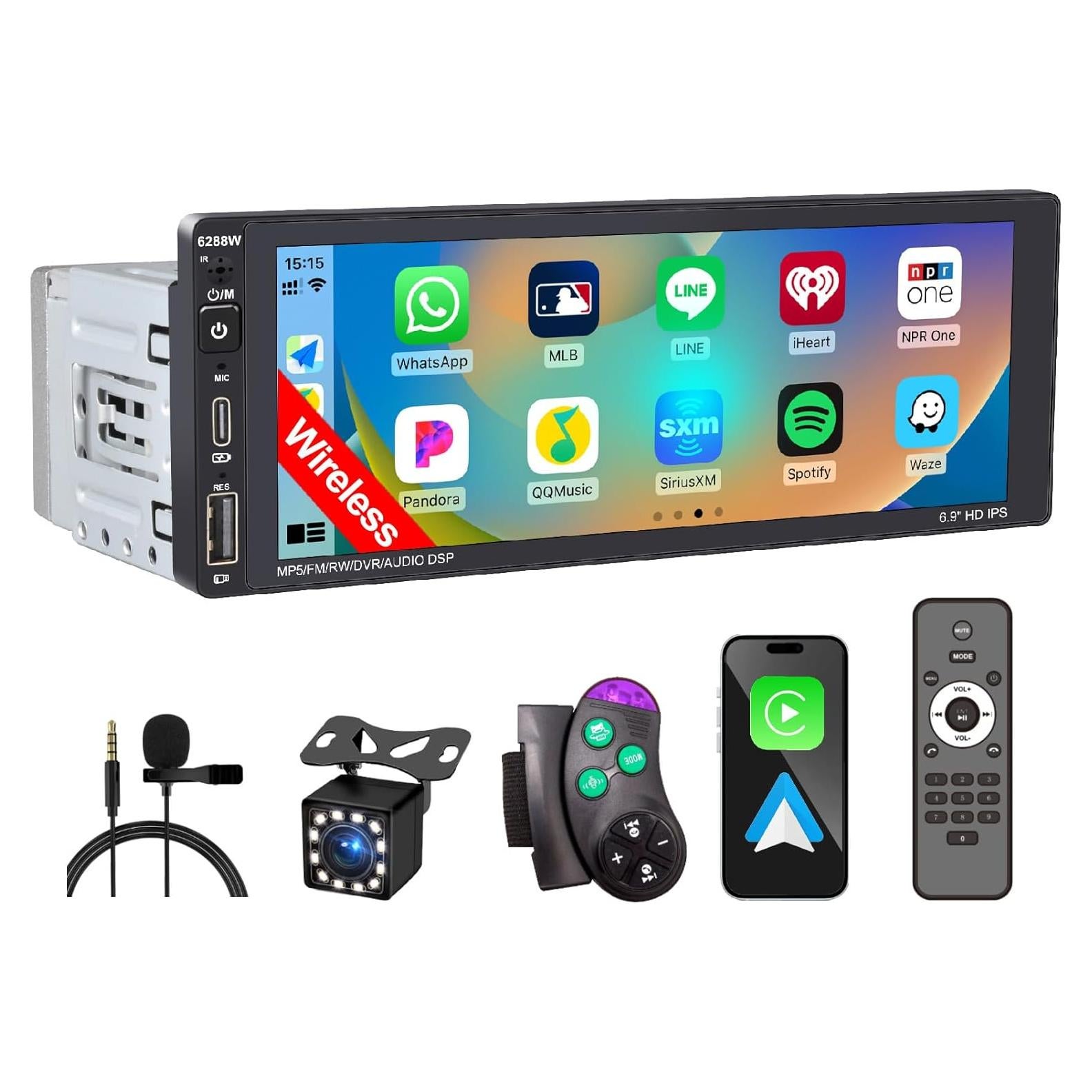 Estéreo de Coche DWMM Single Din 6.9" Bluetooth CarPlay