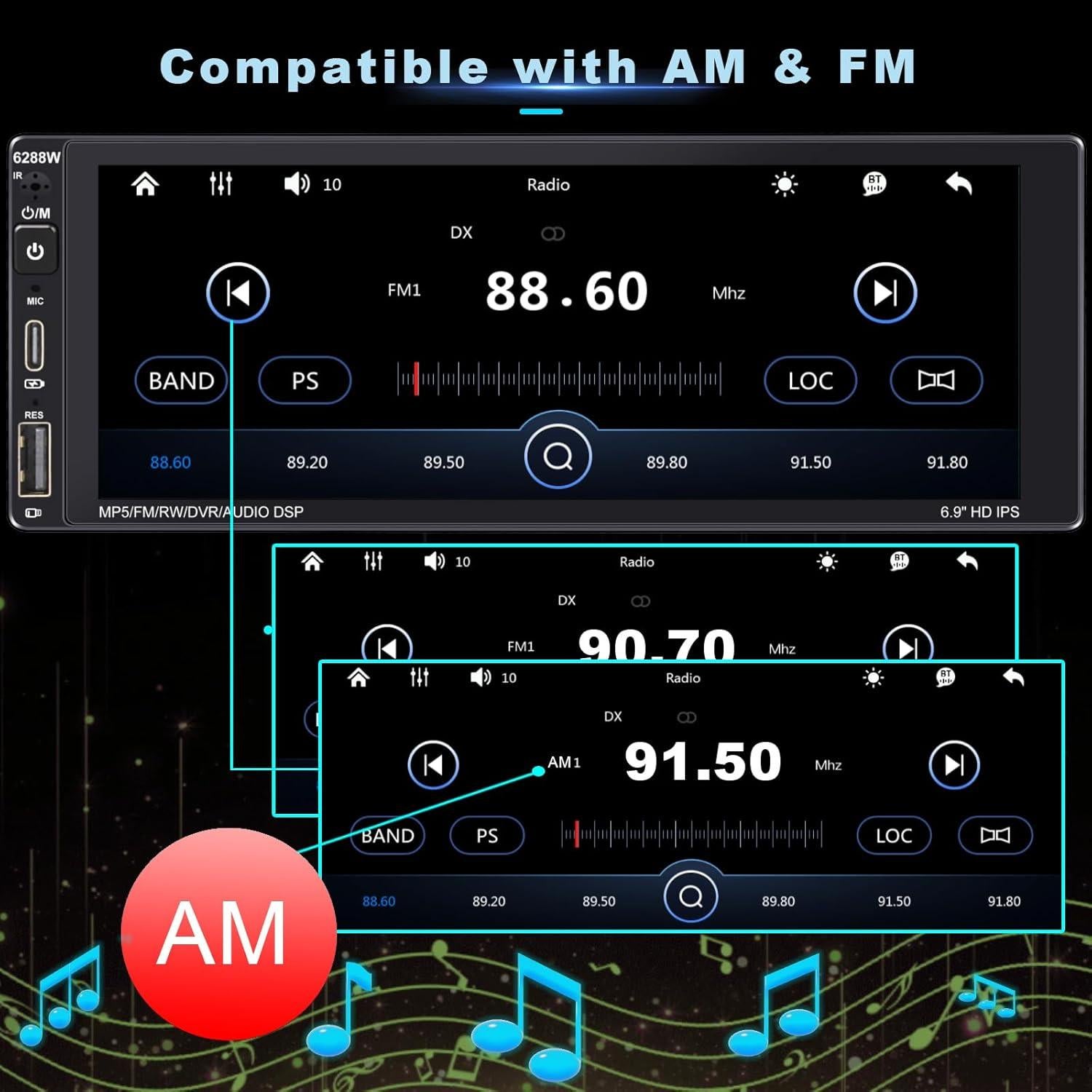 Estéreo de Coche DWMM Single Din 6.9" Bluetooth CarPlay