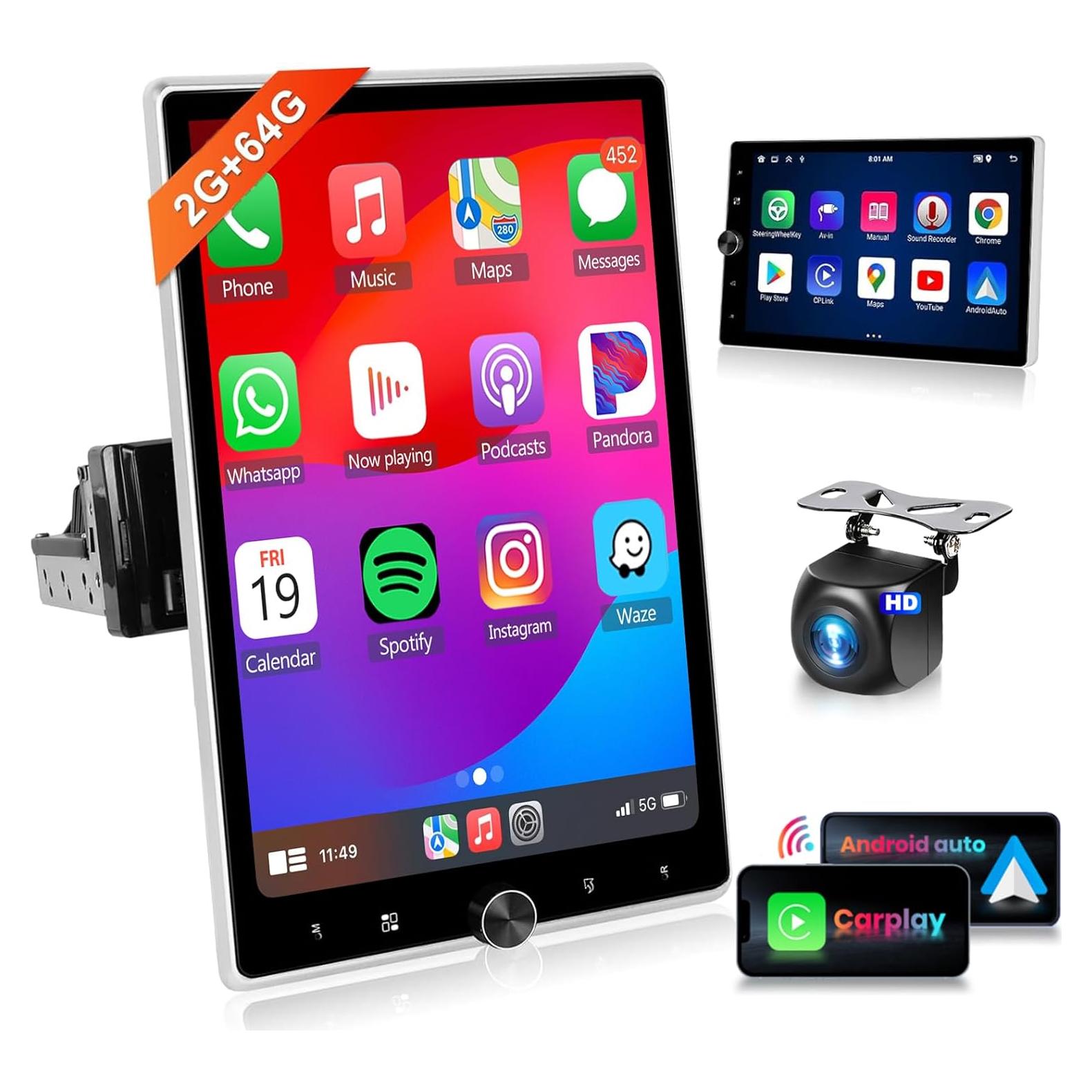 Radio de un solo din Podofo 10.4" HD Carplay Android Auto GPS