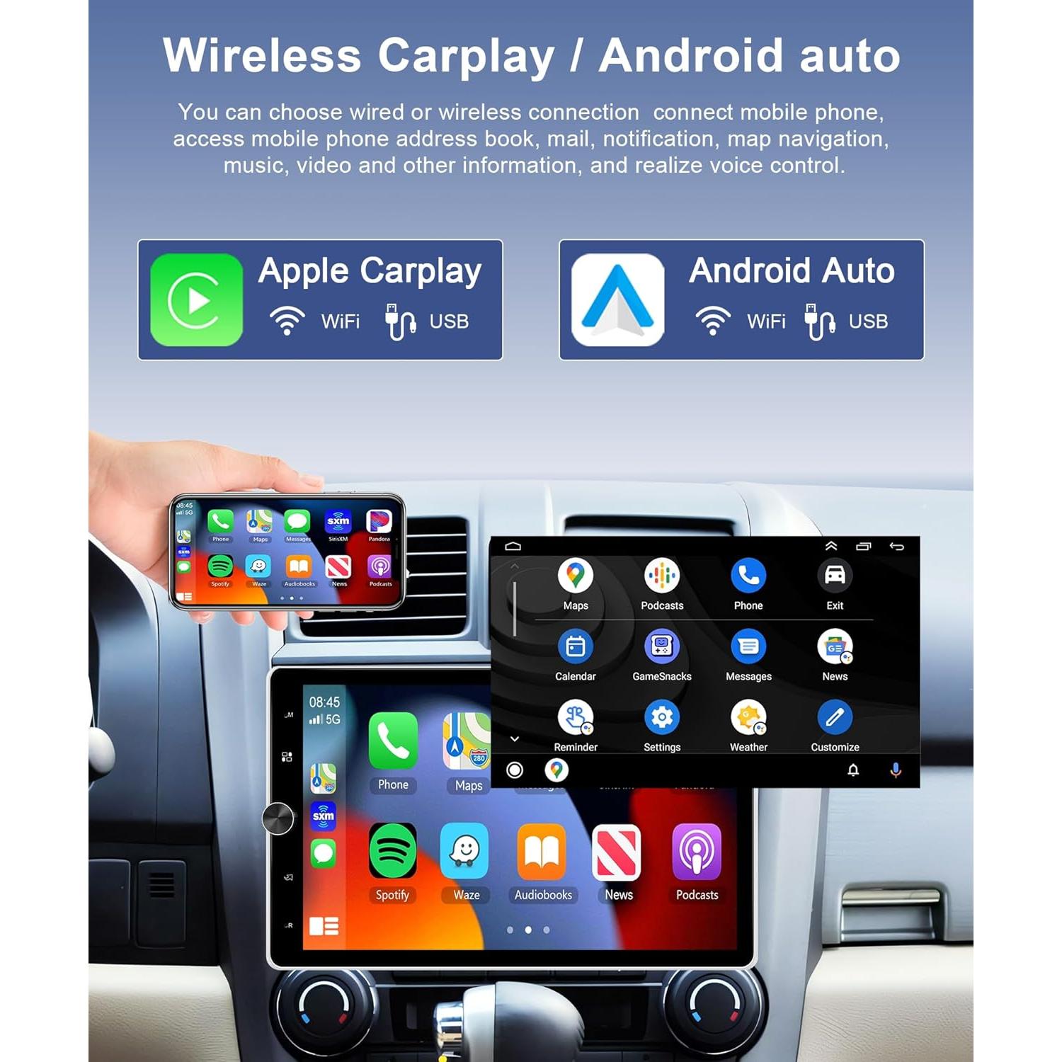 Radio de un solo din Podofo 10.4" HD Carplay Android Auto GPS
